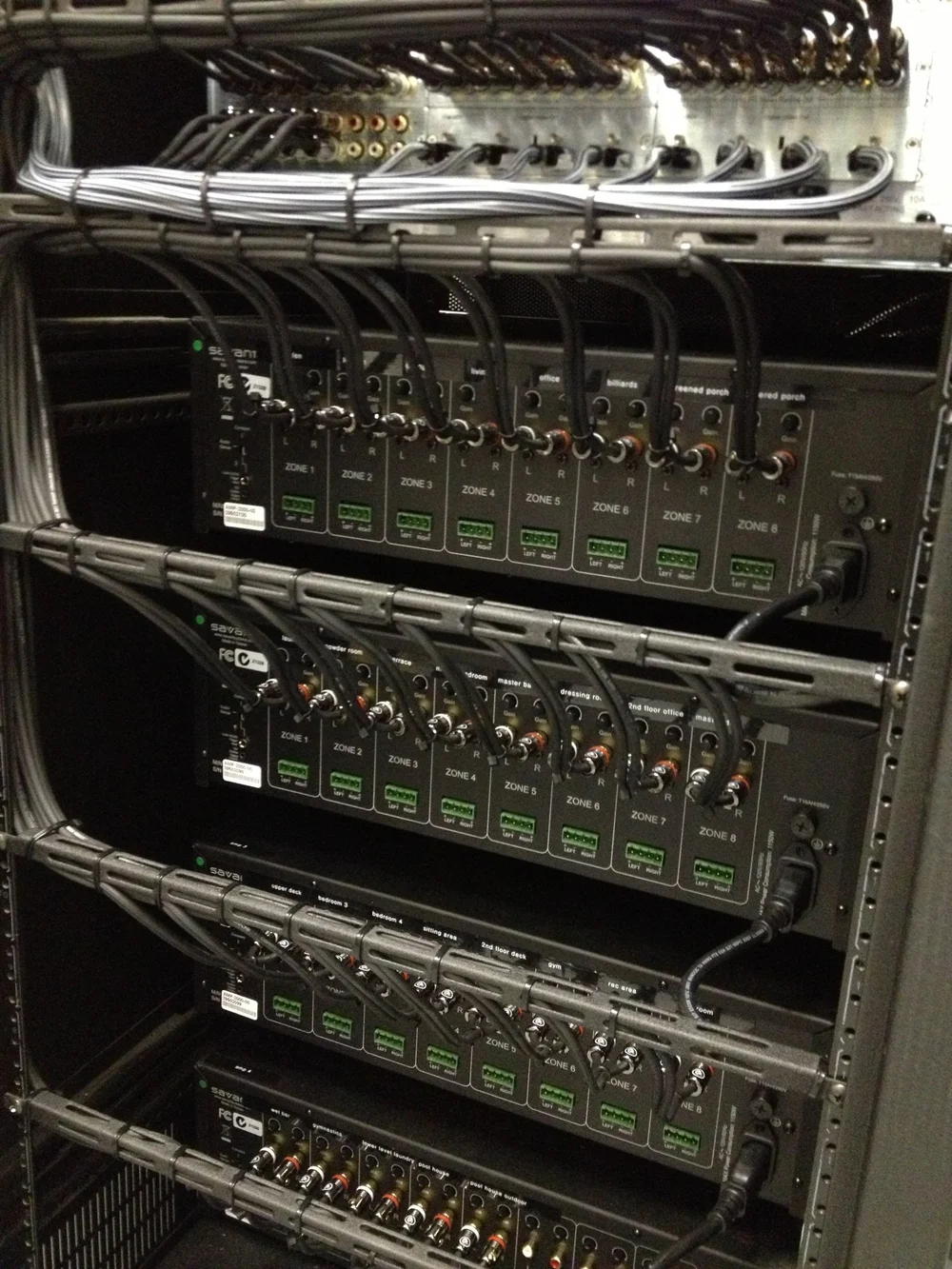 Professionally wired audio equipment rack with labeled zones