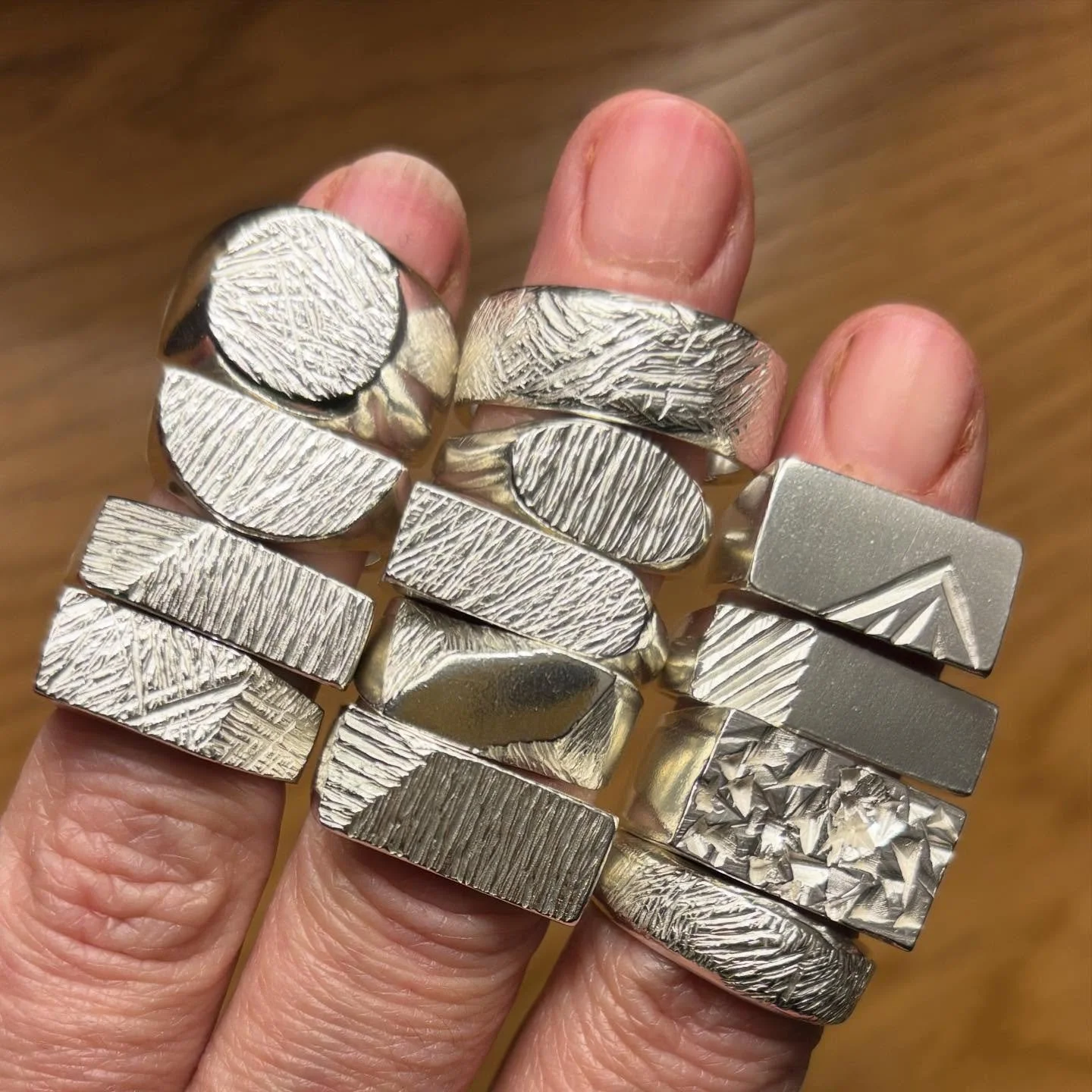 /// BETON BRUT RECYCLED SILVER RINGS - SECOND RUN ///

Awful photo but I couldn&rsquo;t wait to share them. Each ring is unique and created firstly in wax then cast in silver by using the lost wax method. Essentially you end up with an identical silv