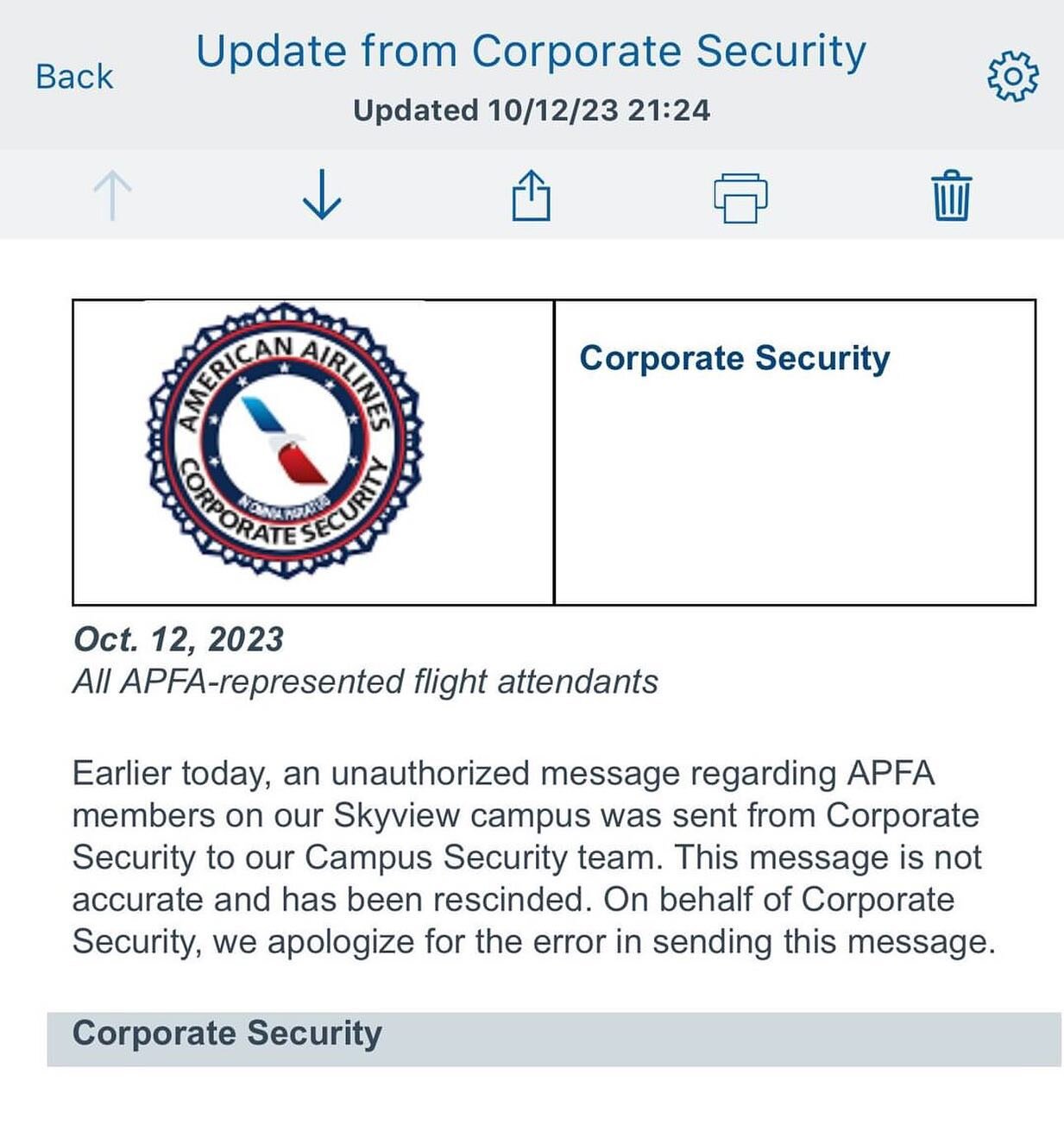 @americanair&rsquo;s &ldquo;corporate security&rdquo; is back pedaling. 
Pretty wild that such a descriptive memo went out and is &ldquo;not accurate.&rdquo; Also wild that they &ldquo;apologize for the error in sending this message.&rdquo; 🧐
Y&rsqu