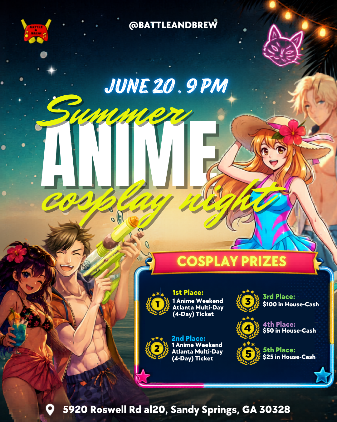 ☀️🎭 SUMMER ANIME COSPLAY NIGHT at Battle &amp; Brew 🎭☀️ June 20 • 9PM
