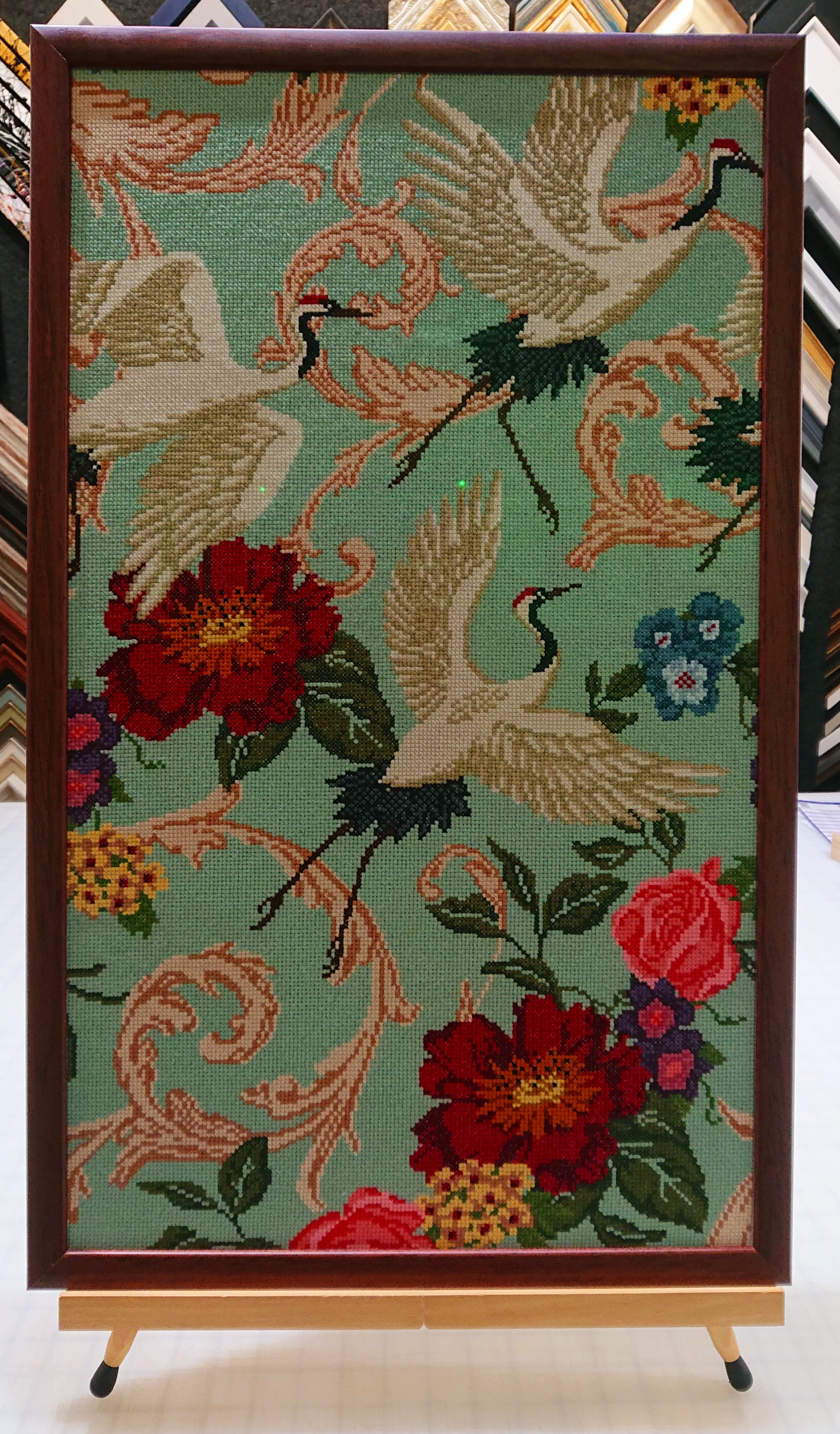 Tapestry Artwork of Herons in a bespoke wooden frame glazed with gallery quality anti-reflective glass