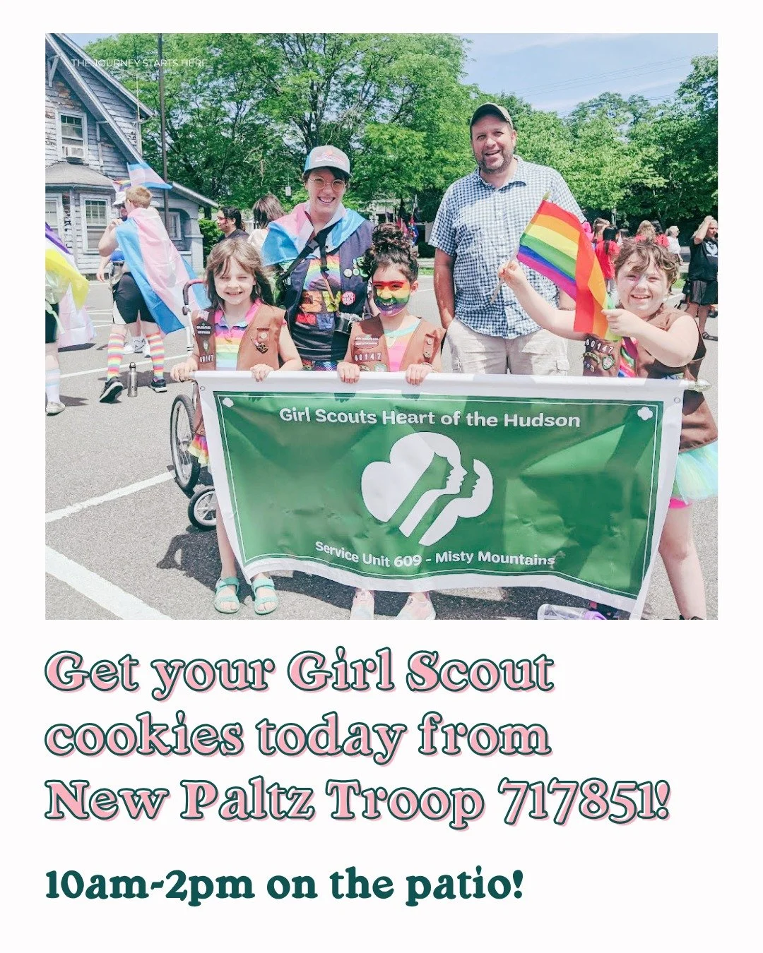 What a beautiful day for Girl Scouts cookies! Come out and buy cookies from your local, wonderful, trans-inclusive Girl Scouts Troop from 10am-2pm on our patio. 

#transinclusive #girlscouts #newpaltz