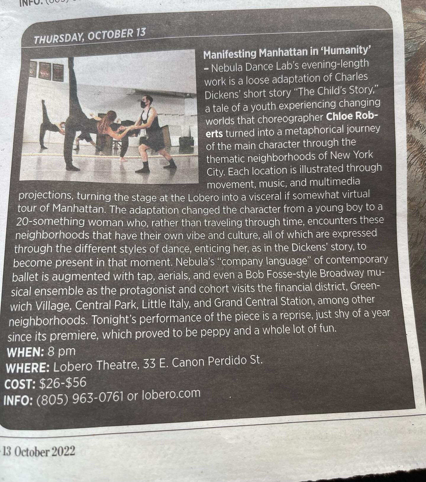 ✨thank you @montecitojournal @sml93101 for the shout out about HUMANITY Oct 13th 8pm @nebuladance @chloerobertsdance @loberotheatre https://www.lobero.org/events/nebula-dance-lab-humanity/ 💖🥂