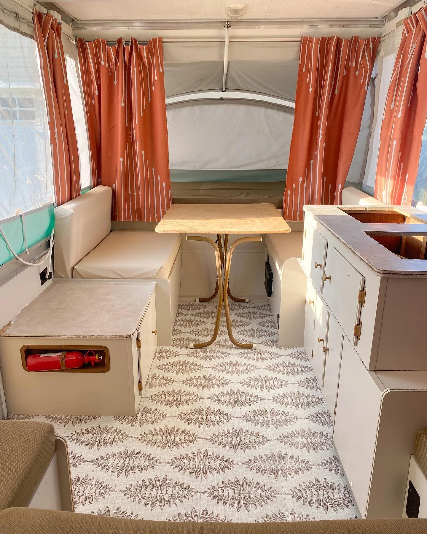 Flooring and curtains are done! I&rsquo;ve gotten about half the cushions done so finishing those and the countertops and table are the final things on the list to finish this renovation! We&rsquo;re taking the camper out to the outer banks this week