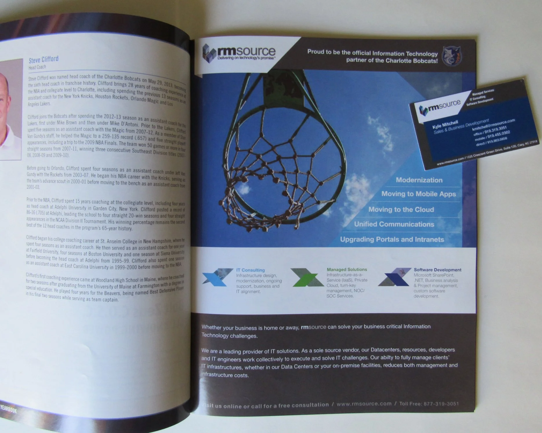 Designed and managed art production for rmsource’s services ad for a local magazine, new business cards with multiple references. Involved in photo selection and print proofs.