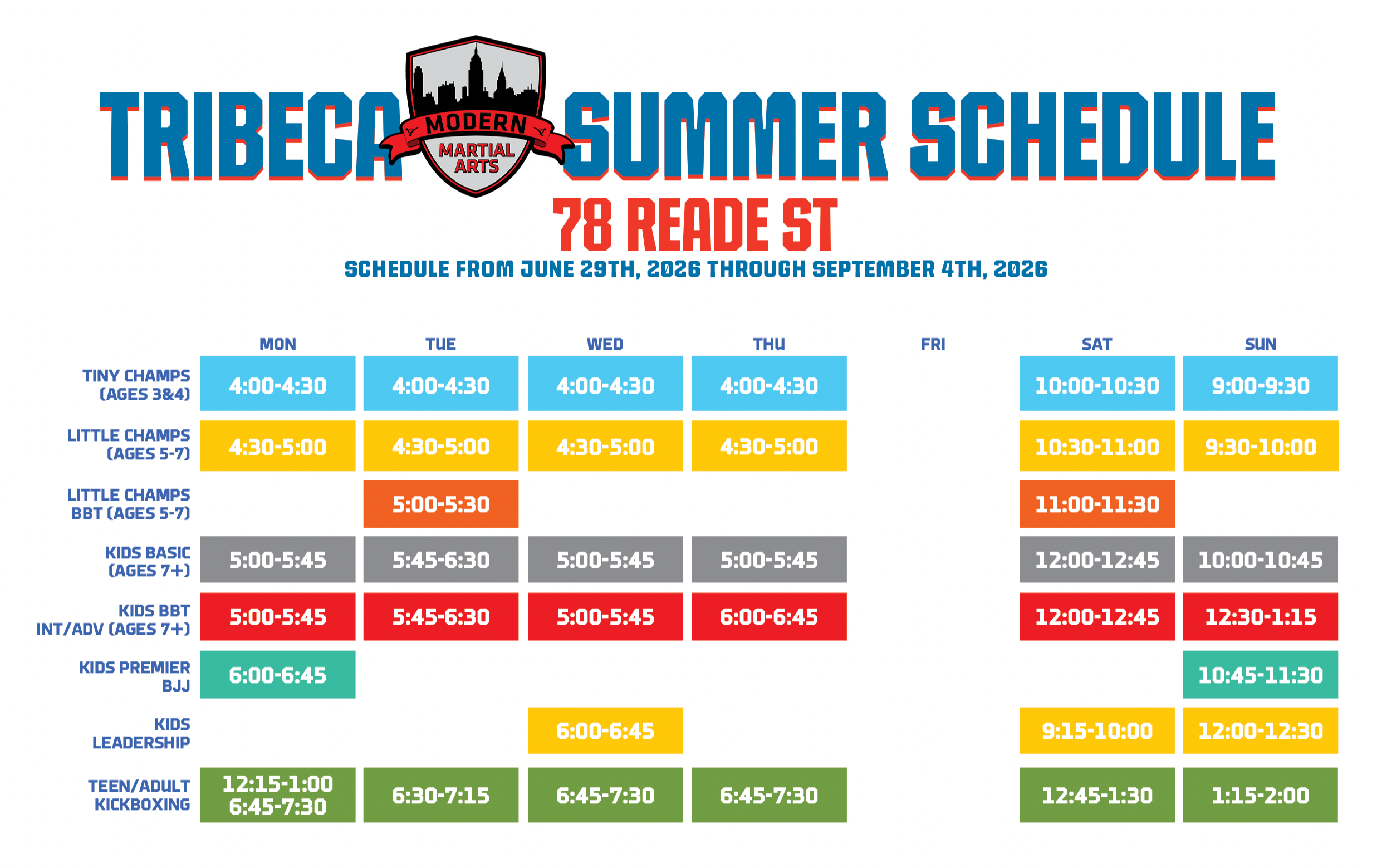 2026 Kids Martial Arts Summer Class Schedule