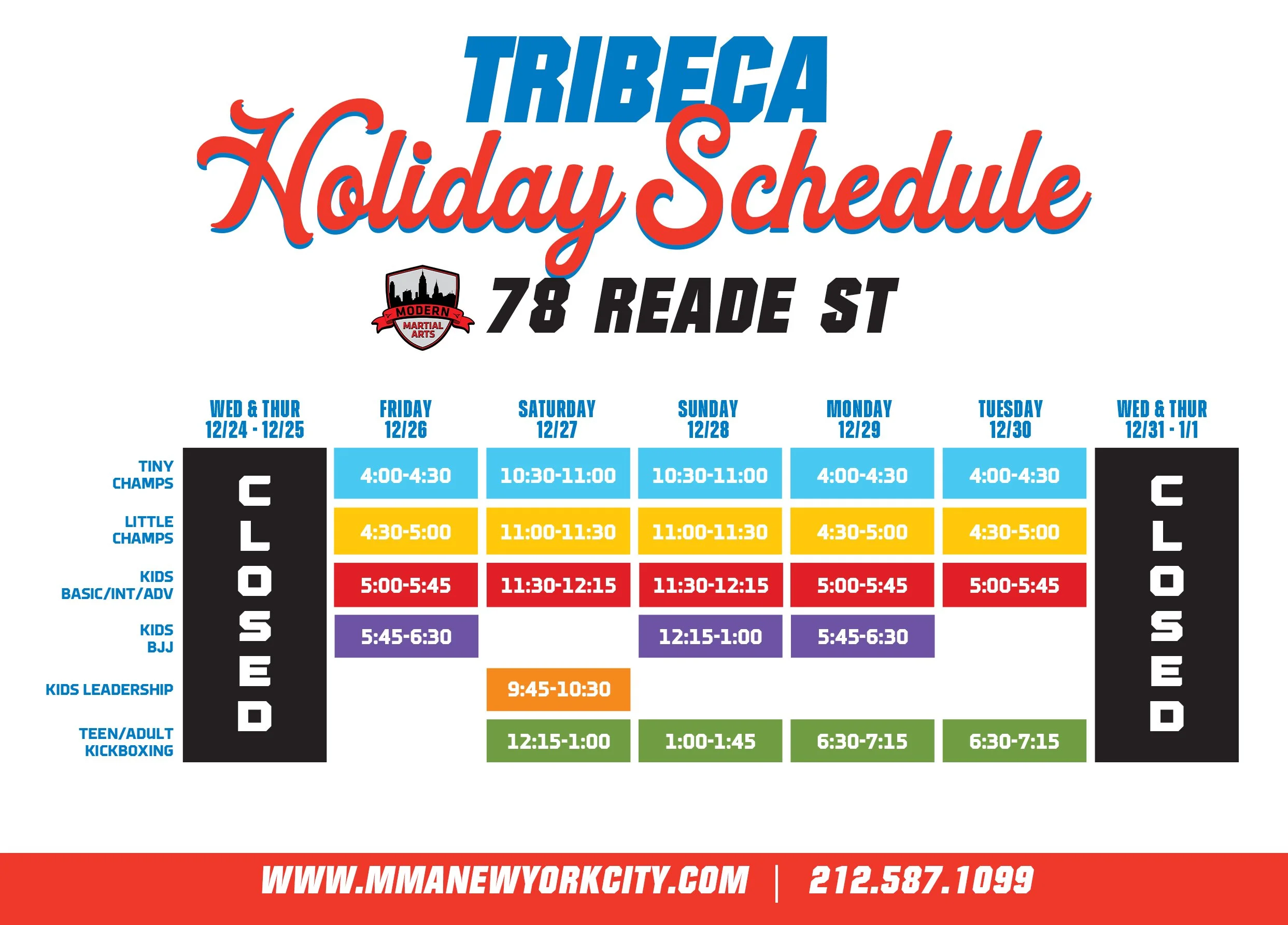 Holiday Class Schedule - MMA Tribeca