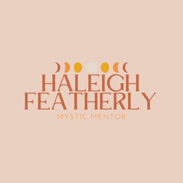 Design with phases of the moon and the name 'Haleigh Featherly' and the subtitle 'Mystic Mentor.'