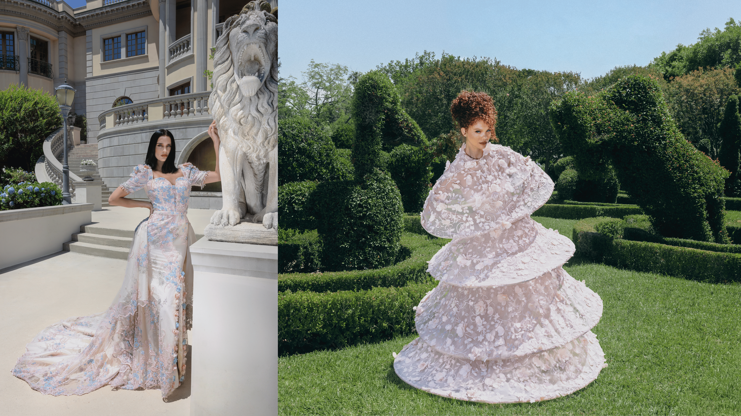 Two women wearing elaborate, pastel-colored gowns outdoors. The woman on the left stands next to a large stone lion sculpture in front of a grand building with curved staircases. The woman on the right poses in a lush green garden with trimmed bushes and trees.