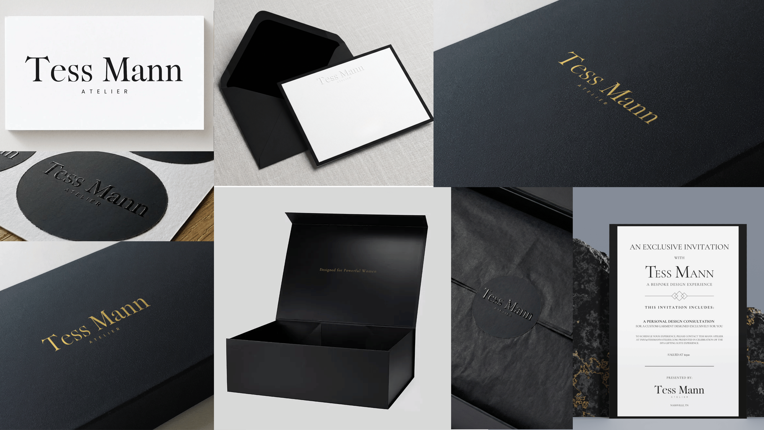 Collection of branding materials for Tess Mann Atelier, including business cards, packaging, and invitation with black, white, and gold accents.