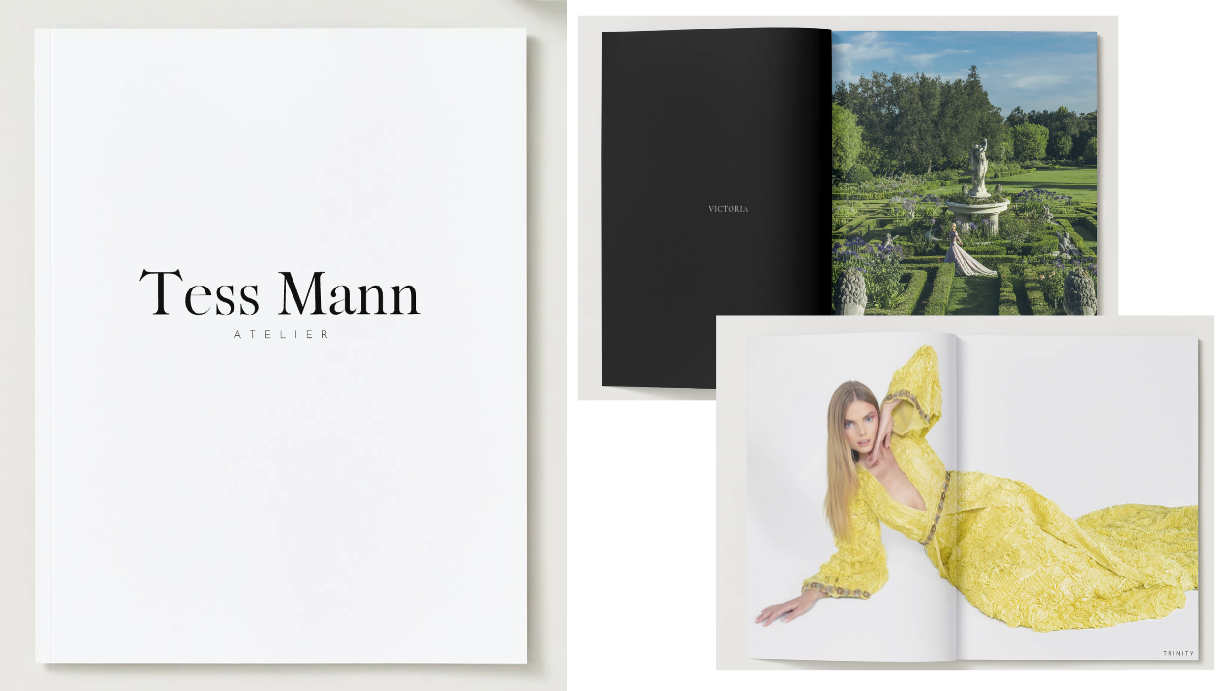 Open book with a photo of a woman in a yellow dress reclining on the pages and a photo of a garden with sculptures and a statue on a pedestal.