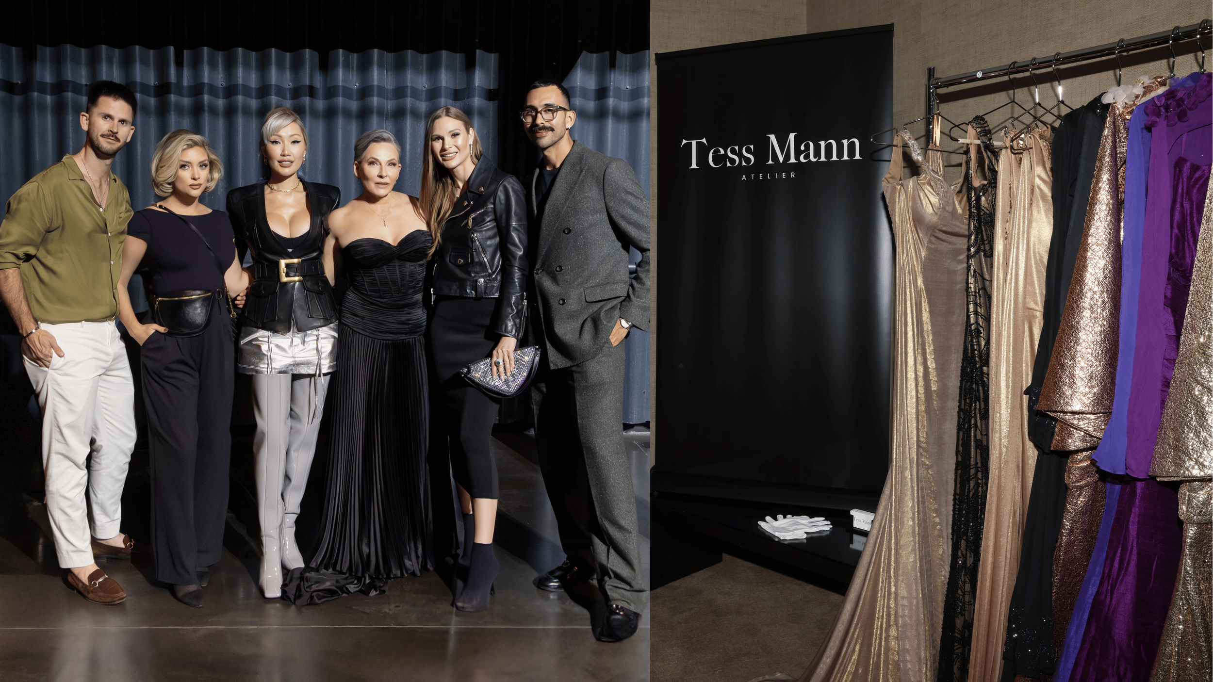Group of six well-dressed people posing backstage at a fashion event, with clothing racks filled with evening gowns and dresses to the side.