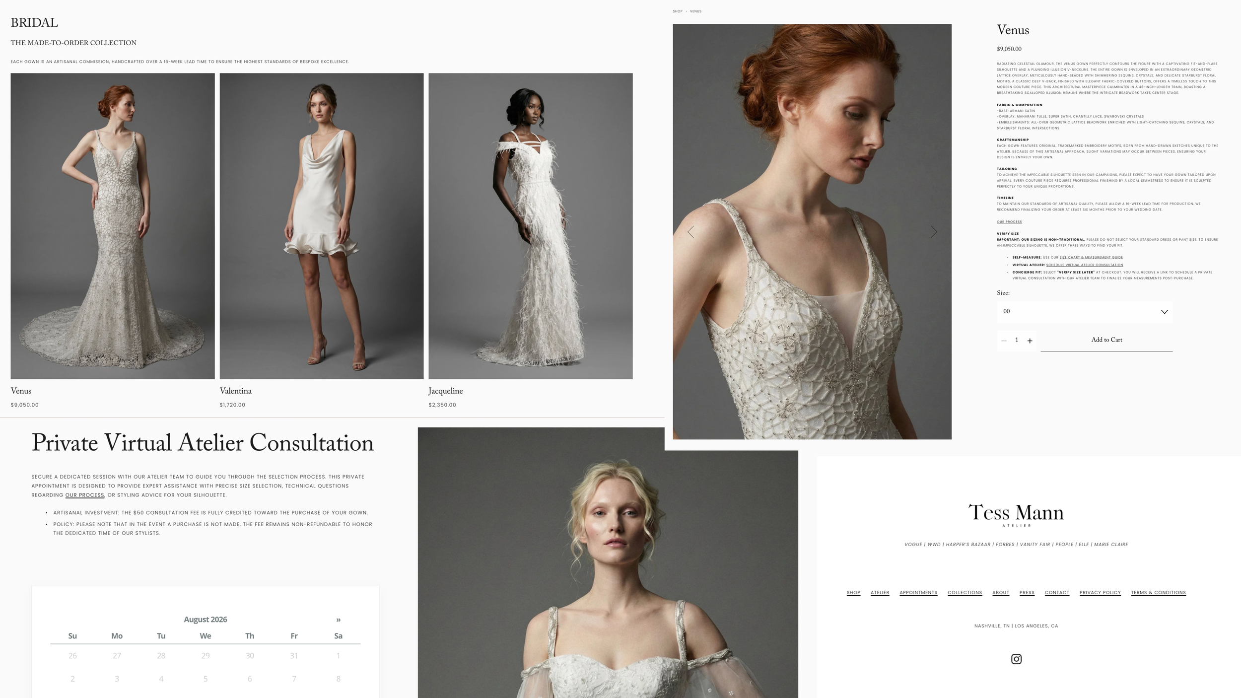 Webpage showcasing bridal gowns with models in various wedding dresses and information about private virtual atelier consultations.