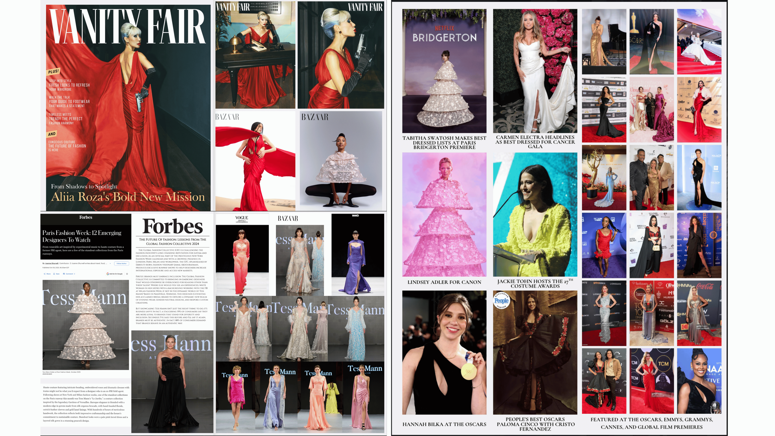 Collage of various magazine covers including Vanity Fair, Harper's Bazaar, Vogue, and others featuring celebrities and fashion shows, with headlines about fashion, awards, and events.