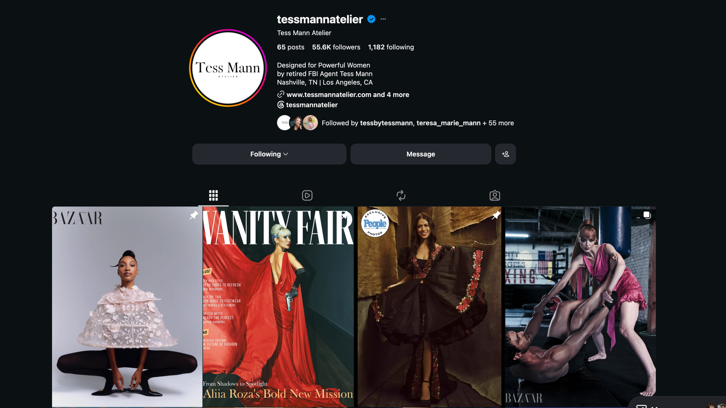 Instagram profile page of tessmannatelier, a fashion brand, with a logo, follower count, and a row of magazine covers featuring models in various outfits.