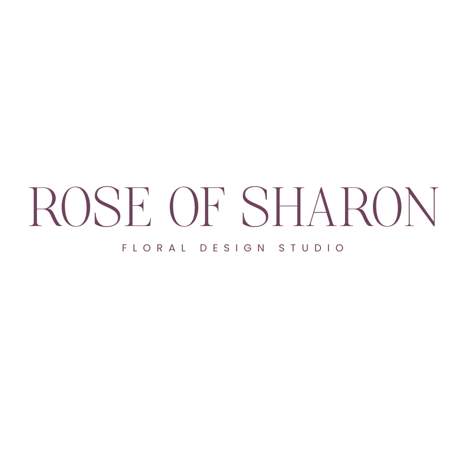 Logo for Rose of Sharon Floral Design Studio with purple text on a white background.