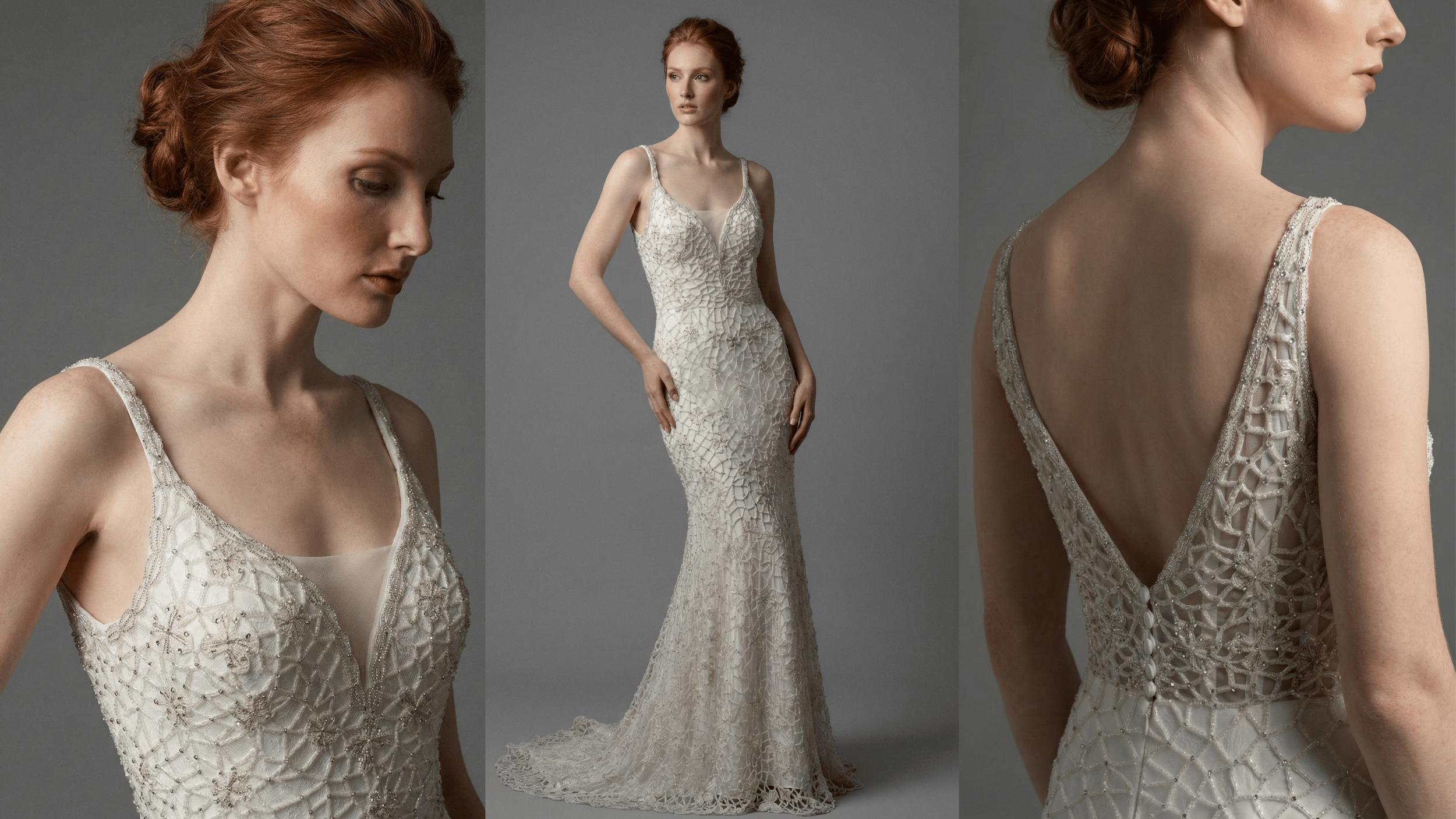 Three side and front view photographs of a woman with red hair in an elegant white lace gown against a gray background.