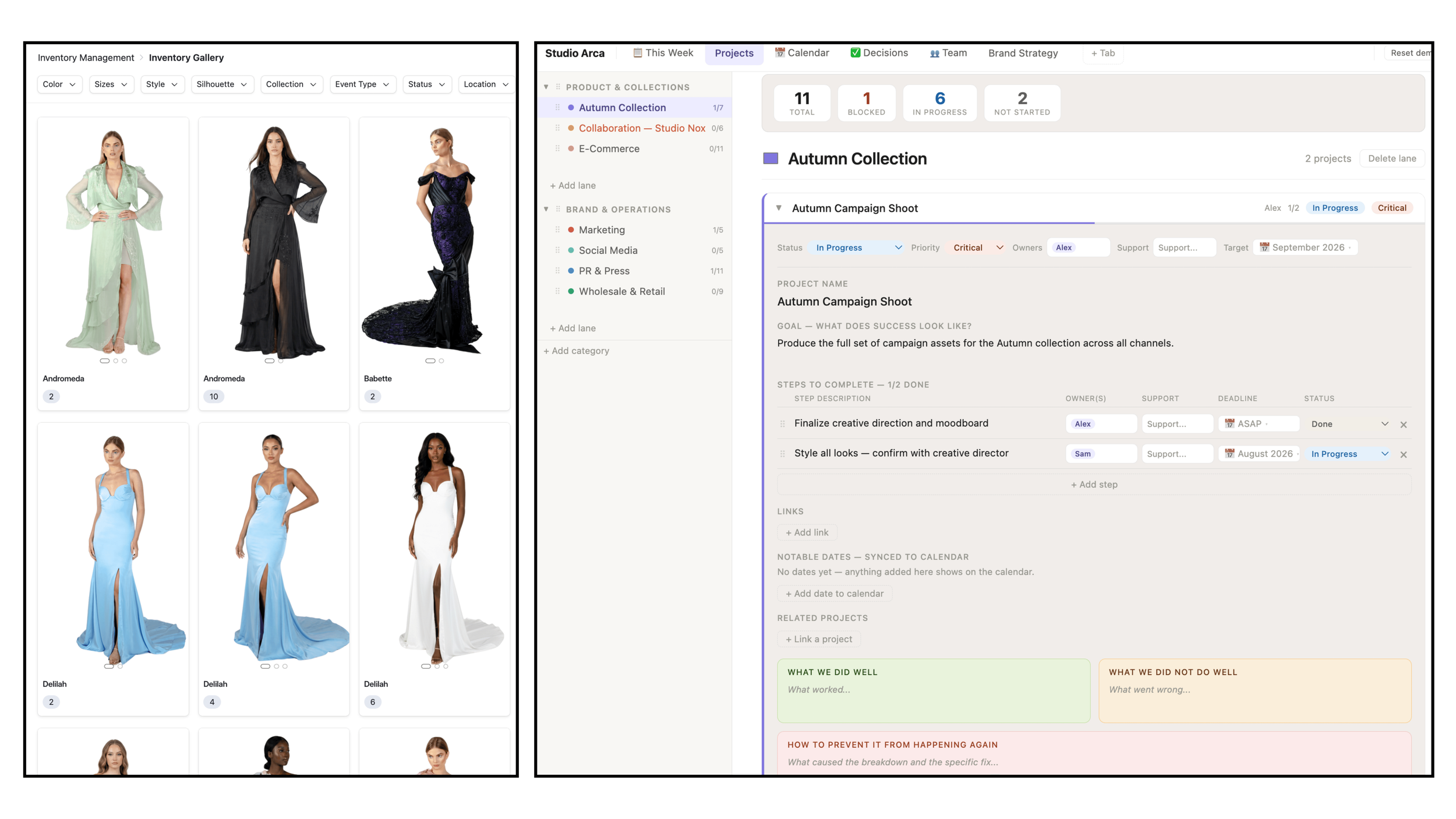 Split screenshot showing an online fashion inventory management interface on the left with photos of different dresses, and a project management dashboard on the right with project statuses and task details.