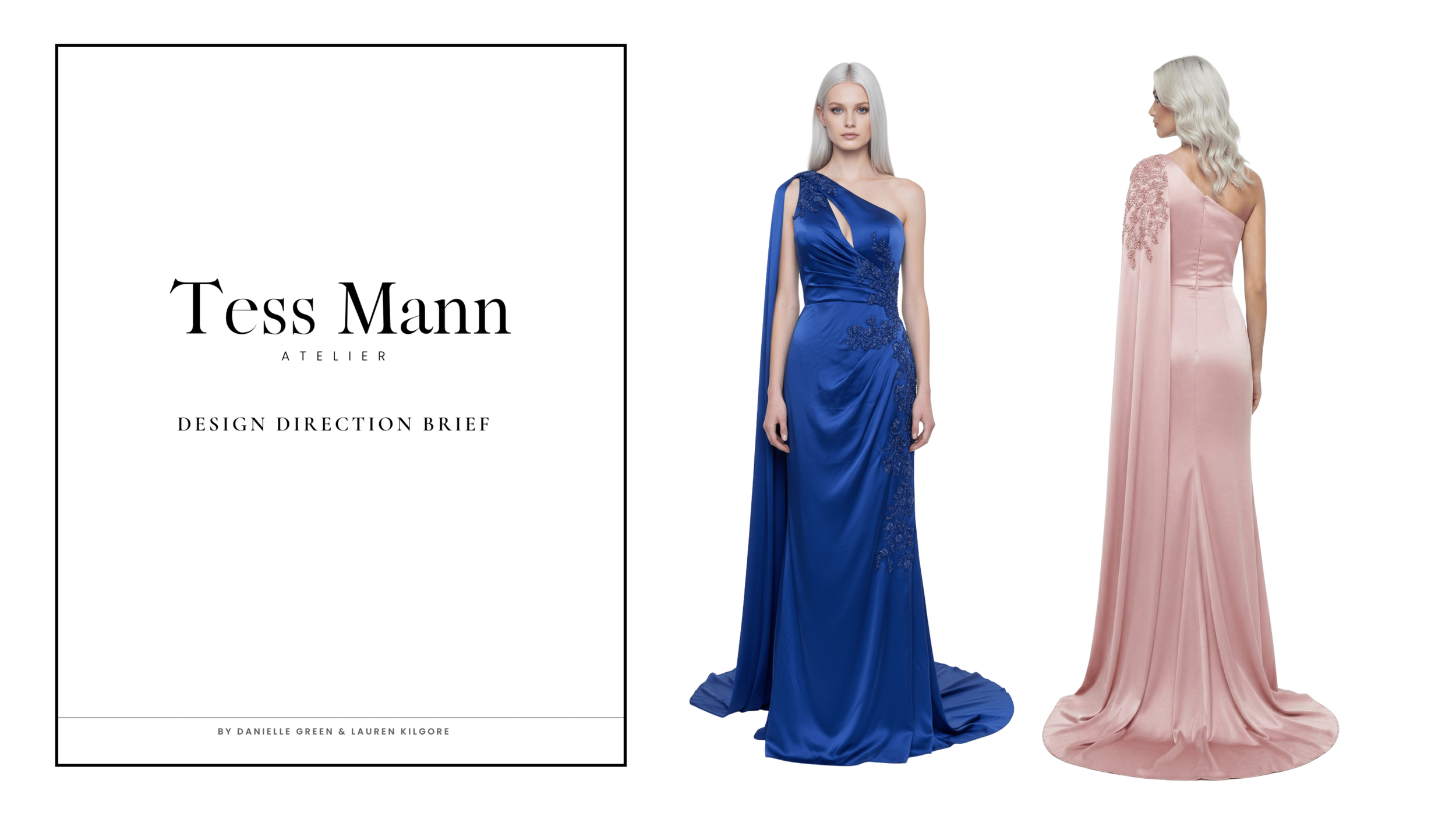 Book cover titled 'Tess Mann Atelier' with models wearing elegant blue and pink evening gowns.