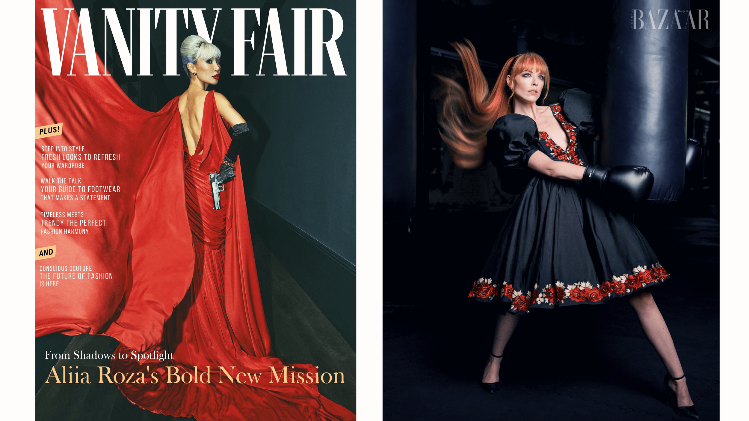 Magazine cover features a woman with platinum blonde hair in a red gown with a deep back, holding a gun, on the left. On the right, a woman with red hair in a black dress with floral embroidery, wearing black gloves and standing with one leg forward and arms out, in a dark setting.