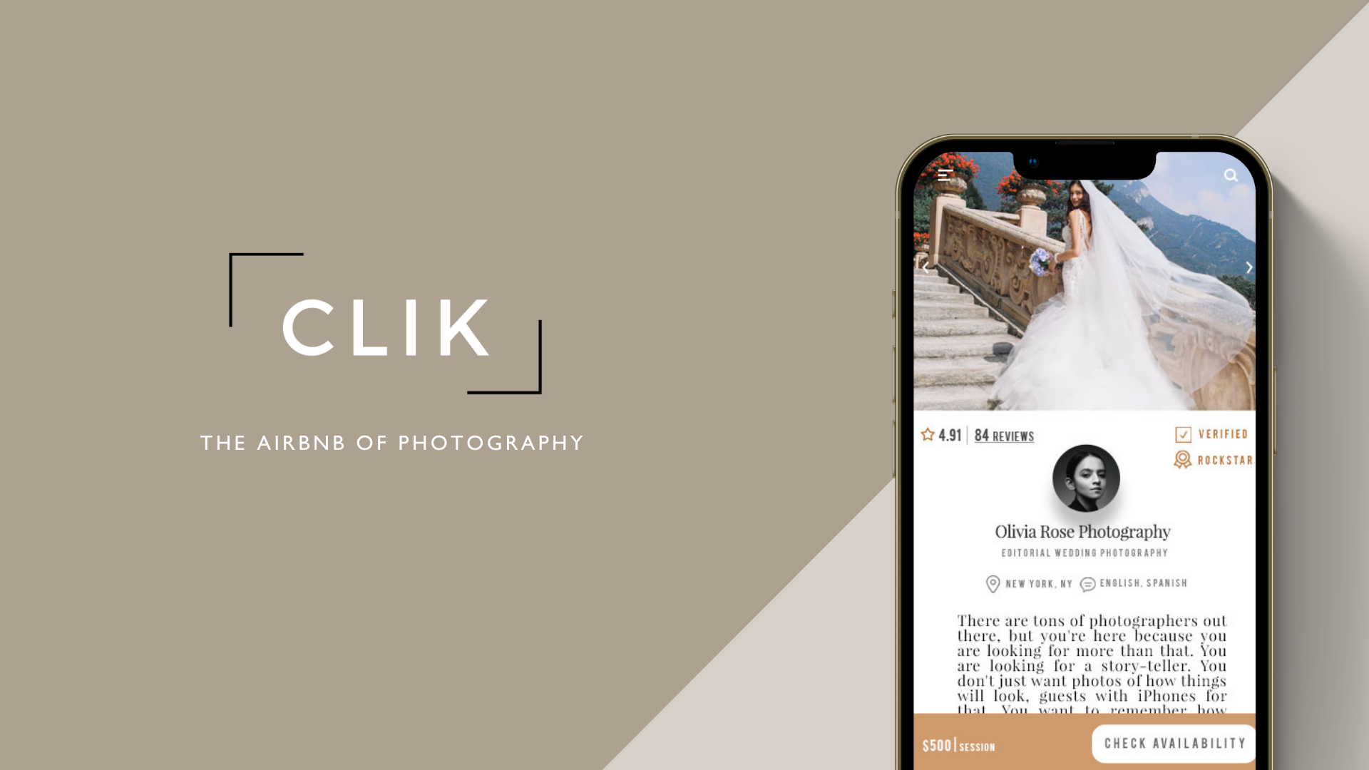 A digital mockup of a photography website featuring a smartphone displaying a wedding photography profile, with a bride in a white dress and veil sitting on stairs outdoors, mountains in the background.