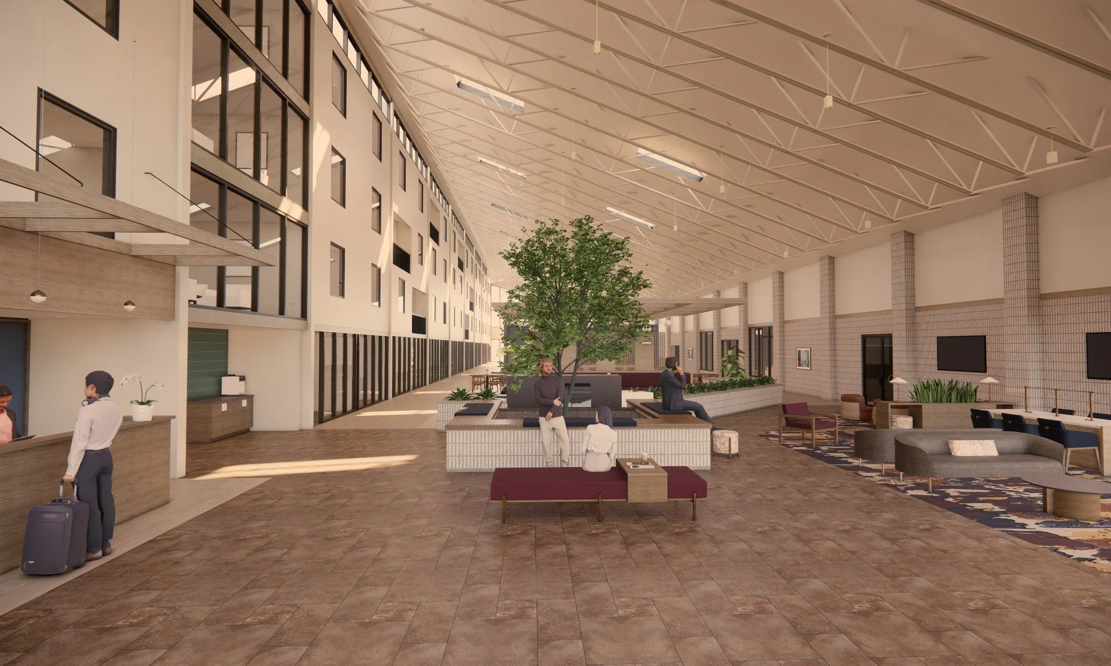 These renderings of the Atrium public spaces are starting to become a reality as all of the final layers are taking shape! The spaces are framed, the specialty ceilings and lighting are in, flooring and wall finishes are underway. April will include 
