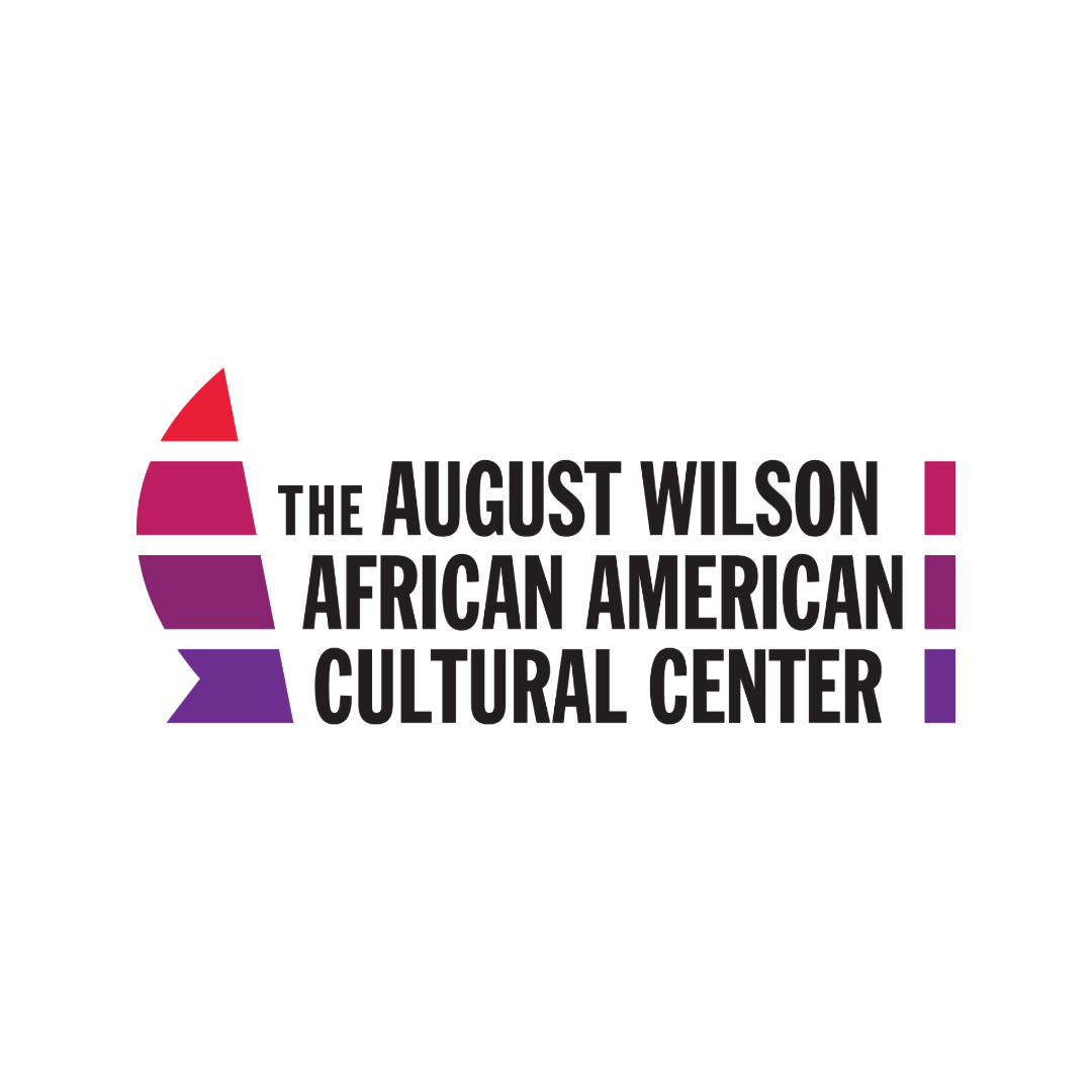 Logo of the August Wilson African American Cultural Center with stylized stripes in red, pink, purple, and violet to the left of the text.