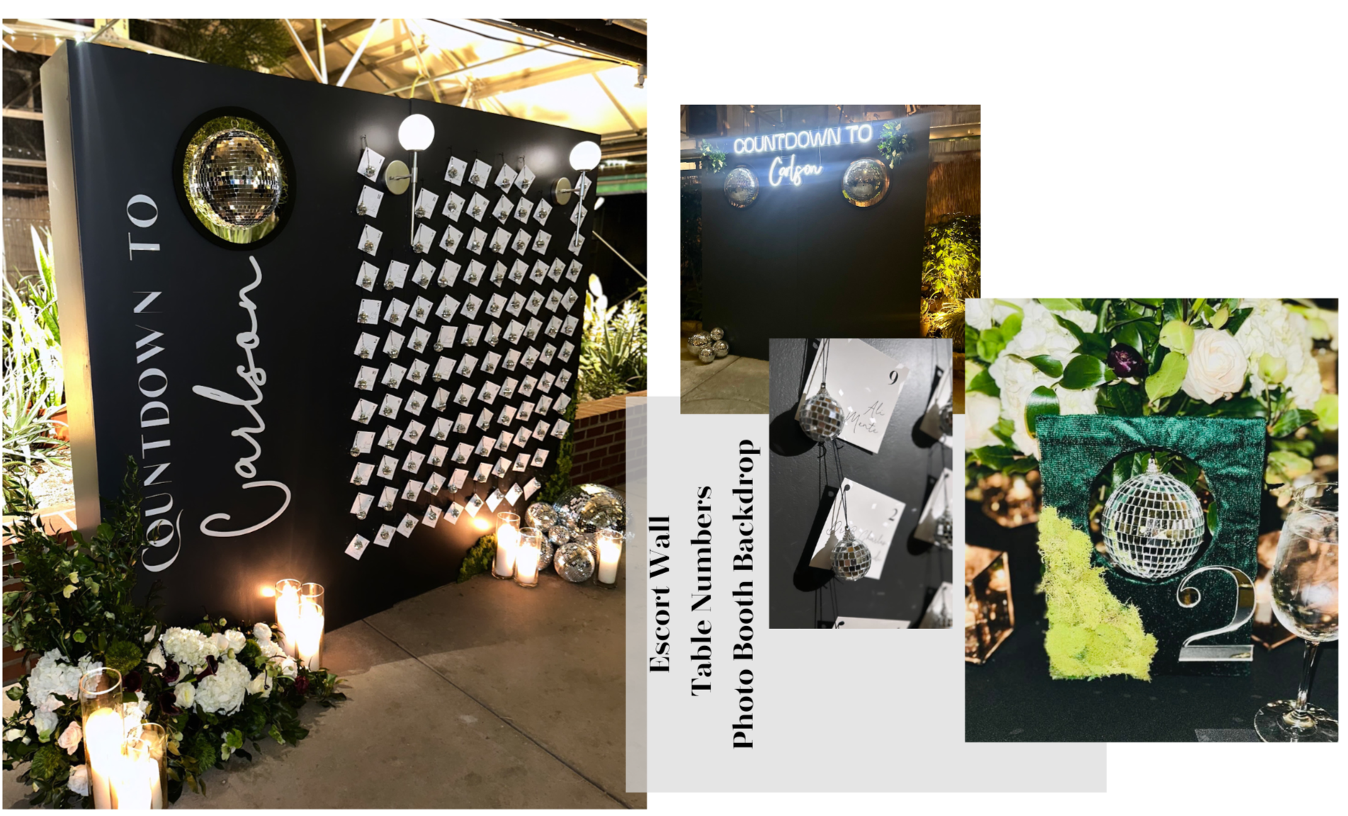 Custom black wedding escort card wall and statement seating display with floral installation