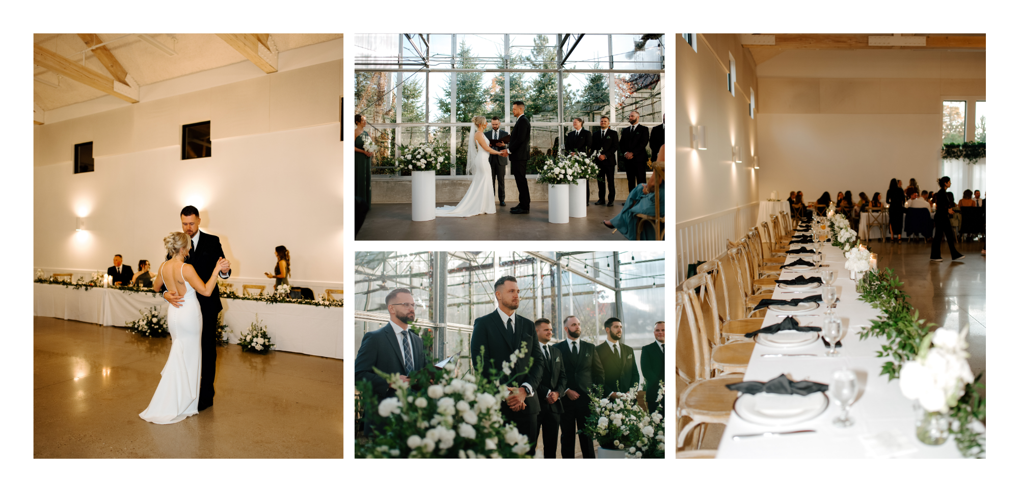Ceremony floor florals and bouquets repurposed on the head table with loose greenery at a Michigan wedding reception