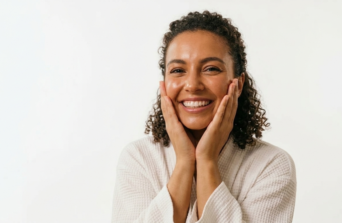 A woman with curly hair smiling and gently touching her cheeks with both hands, wearing a light-colored textured top, against a plain white background.