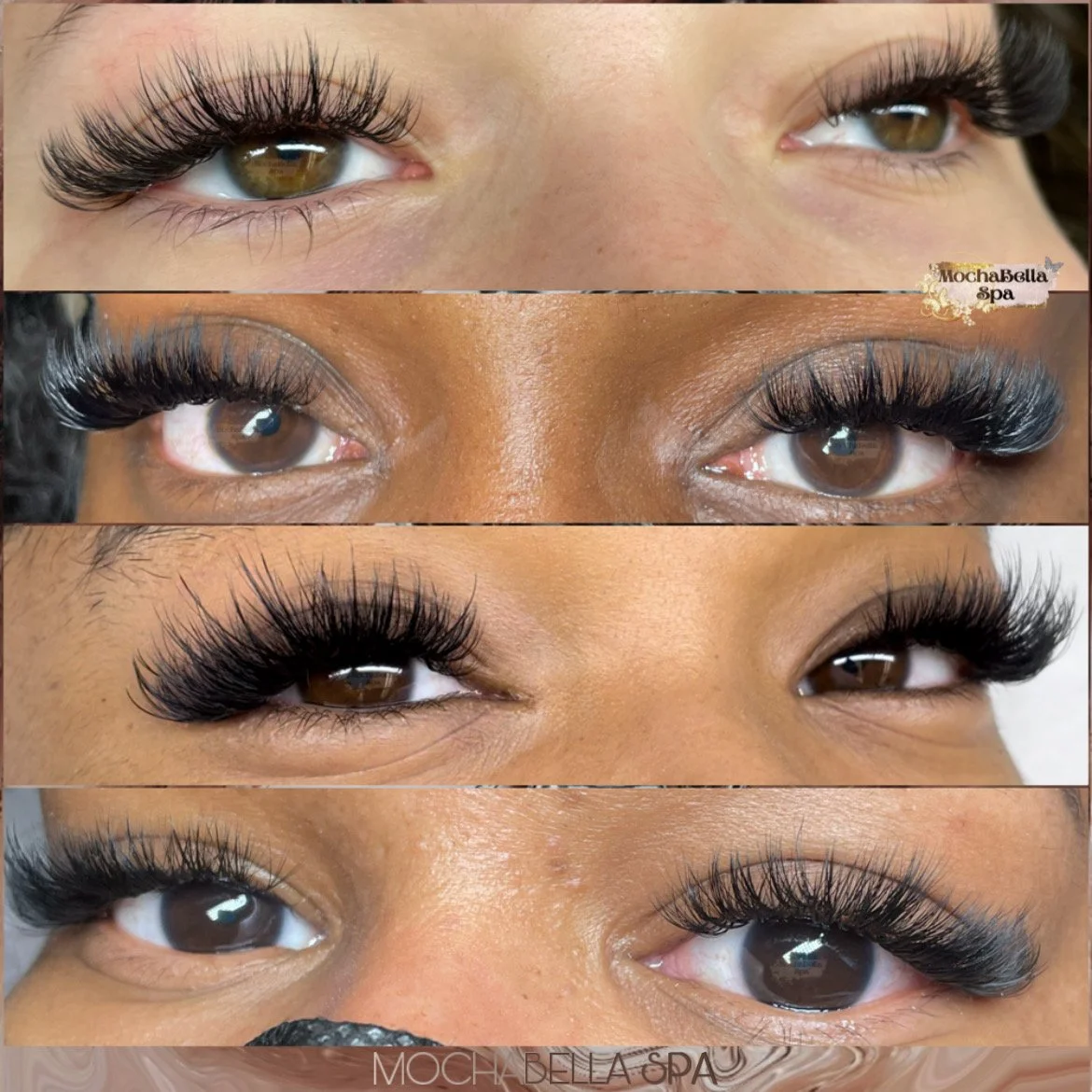 long lash extensions and bright open brown eyes