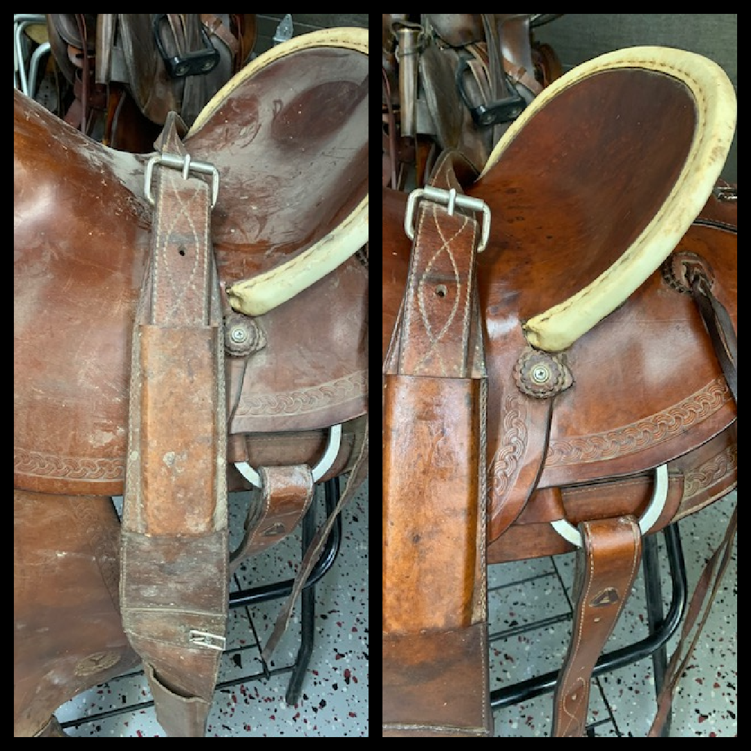 A before and after collage of a colt breaking saddle once belonging to Healthy Leather creator Robert Knox.