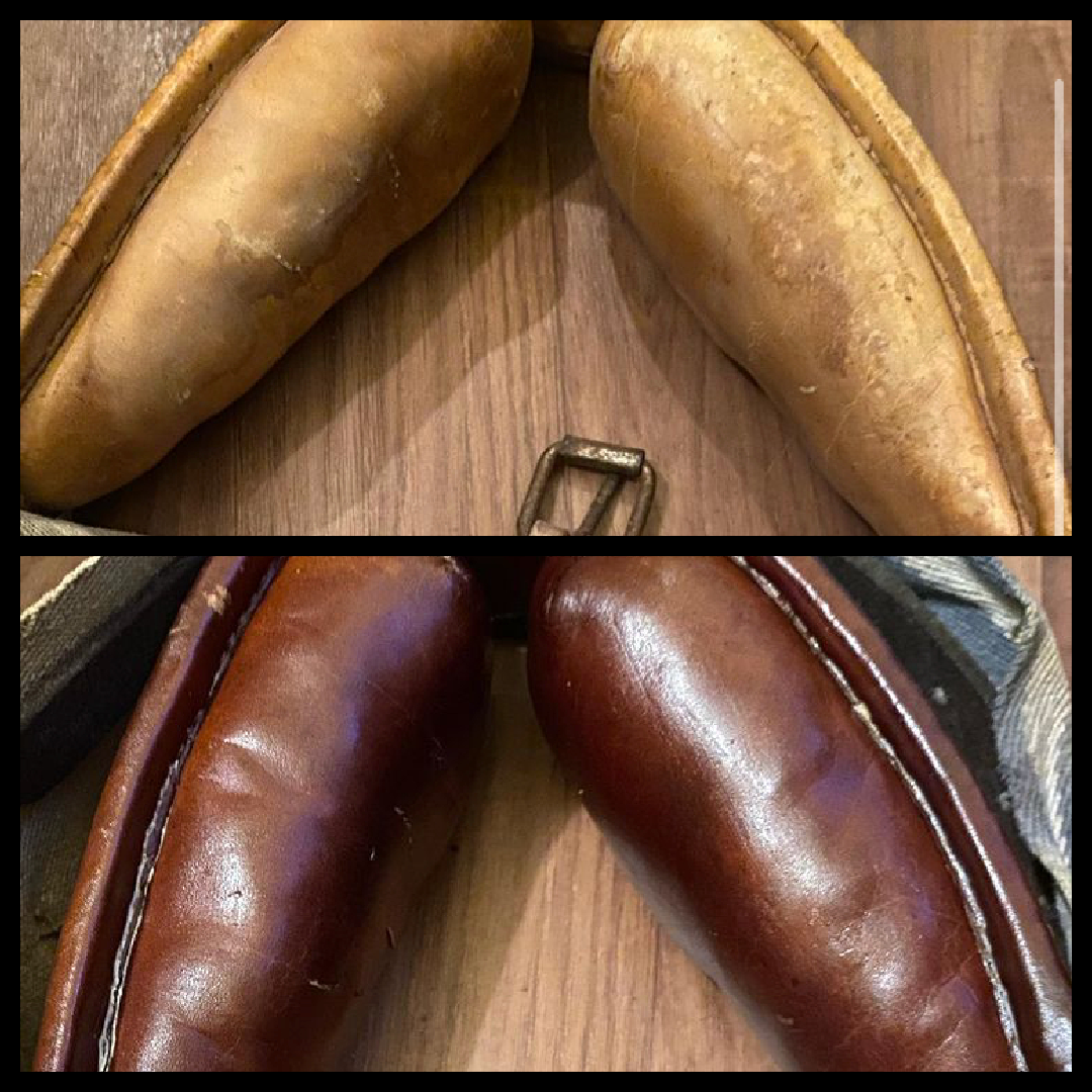 A stunning before and after of a leather surcingle, showing just how much of a difference Healthy Leather makes to dry, stiff and neglected leather.