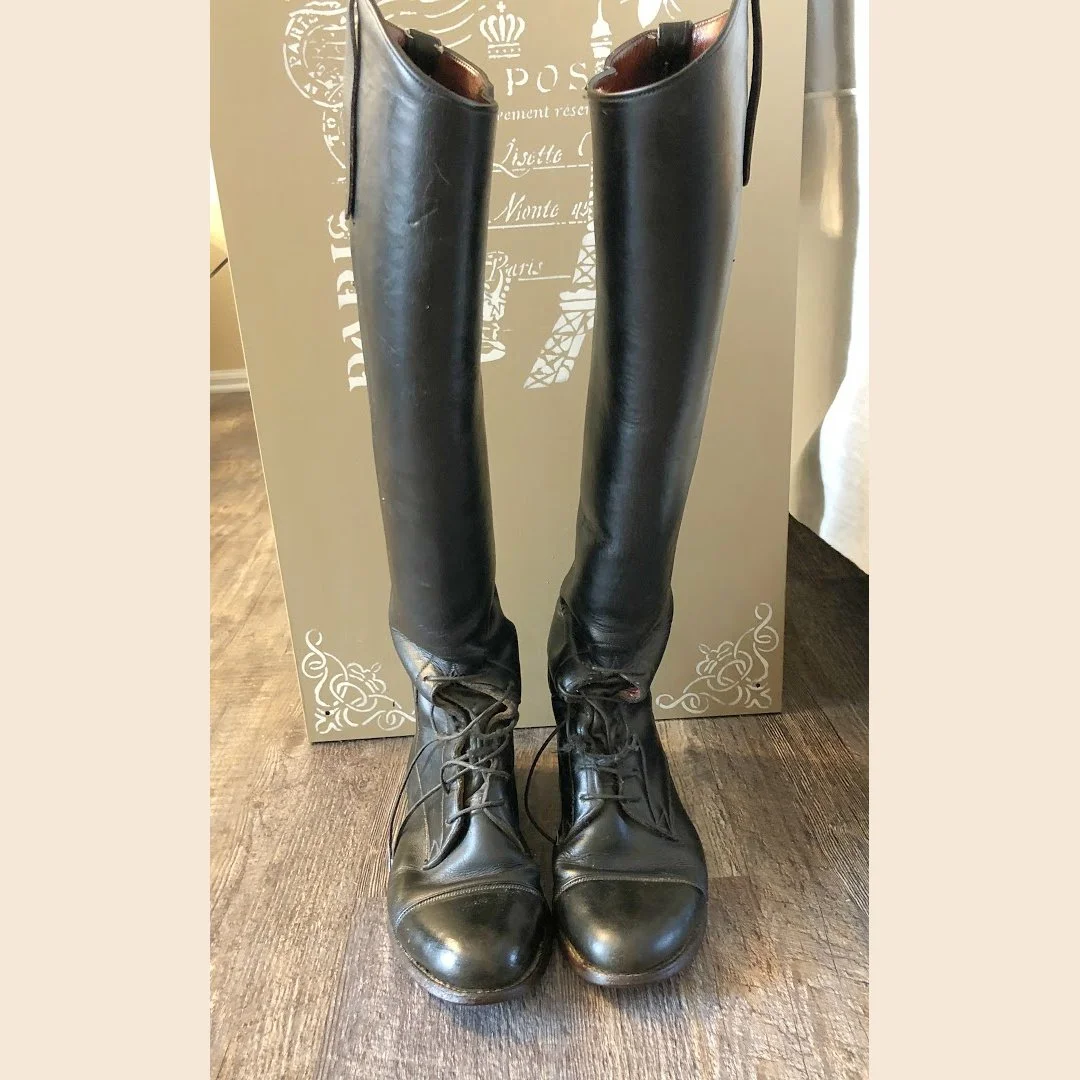 A 25 year old pair of custom Dehner field boots, after being cleaned and conditioned with Healthy Leather.