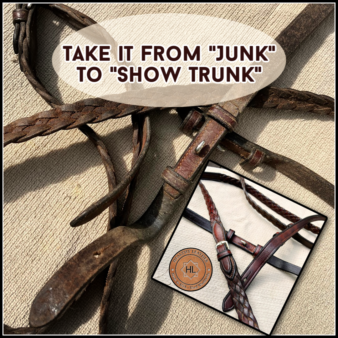 A before and after collage of dirty, dry, crusty reins, looking supple, soft and lusturous in the after picture.