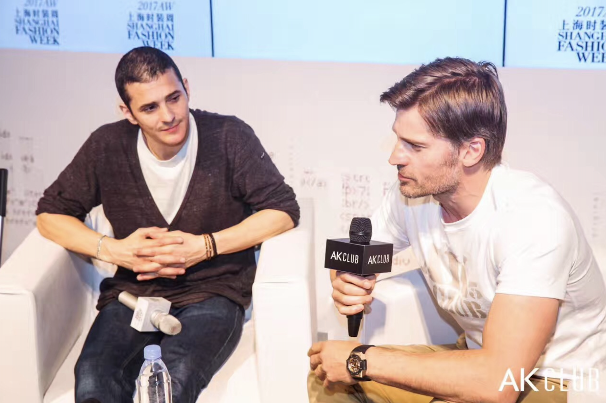 Johnny Diamandis backstage with Nikolaj Coster-Waldau (Game of Thrones), post-show at Shanghai Fashion Week