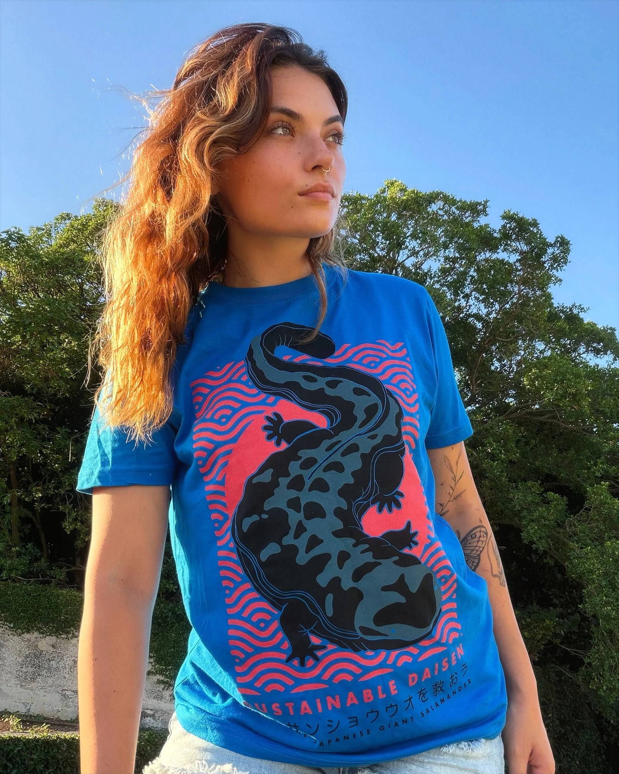 New t-shirt design! Blue &amp; Red Front Print Sustainable Daisen x Sam Fanson – Organic Cotton "Save the Japanese Giant Salamander" T-Shirt
