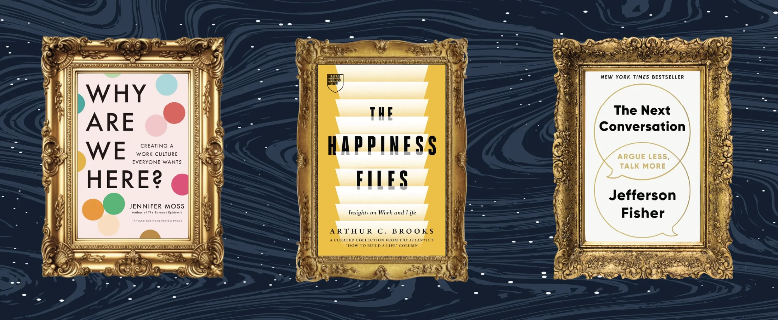 Three book covers presented in golden frames including Why are we ere, the happiness files, the next  conversation from the OWL 2025 shortlist