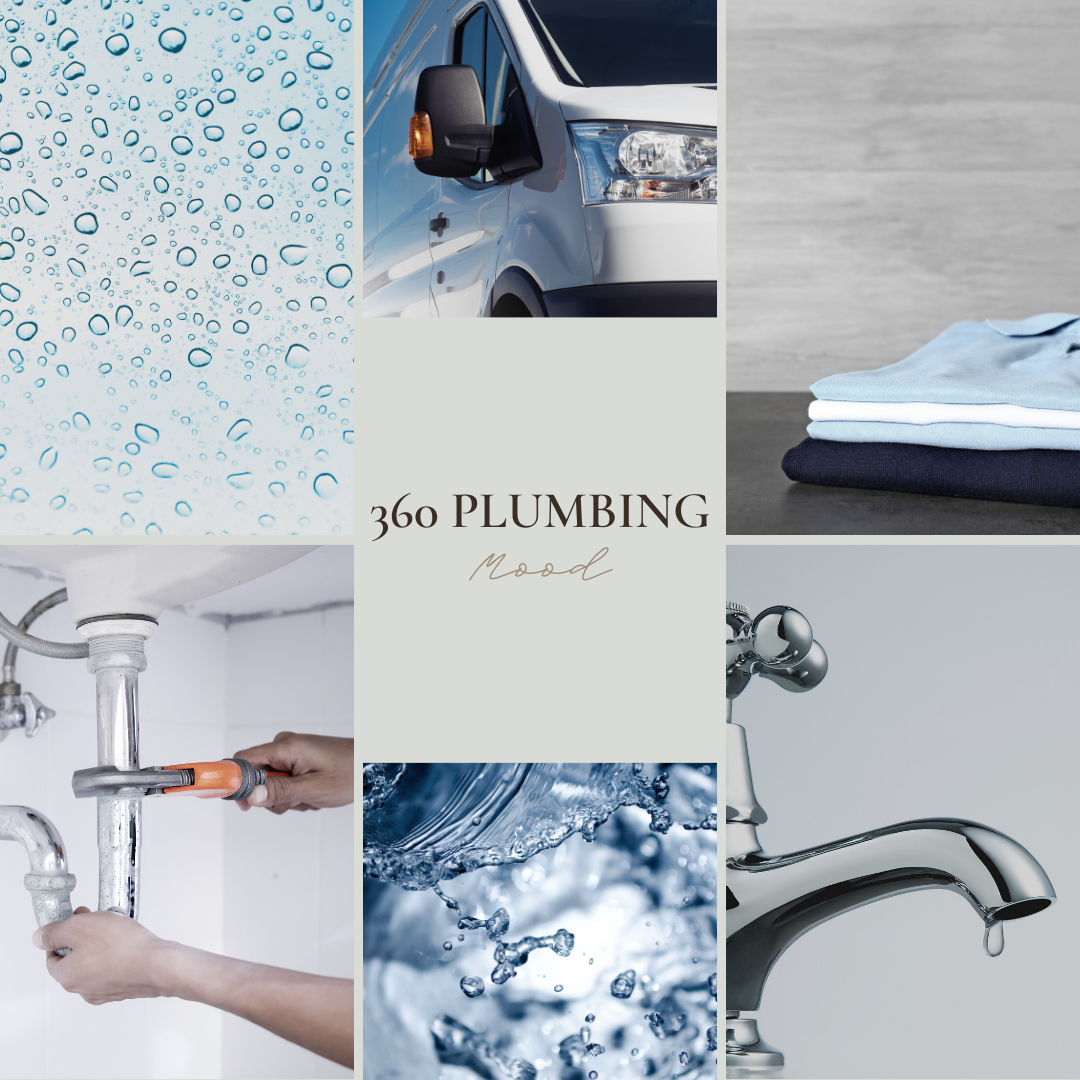 Collage of images related to plumbing services, including raindrops on glass, a white van, folded clothes, a person fixing PVC pipes, splashing water, and a kitchen faucet.