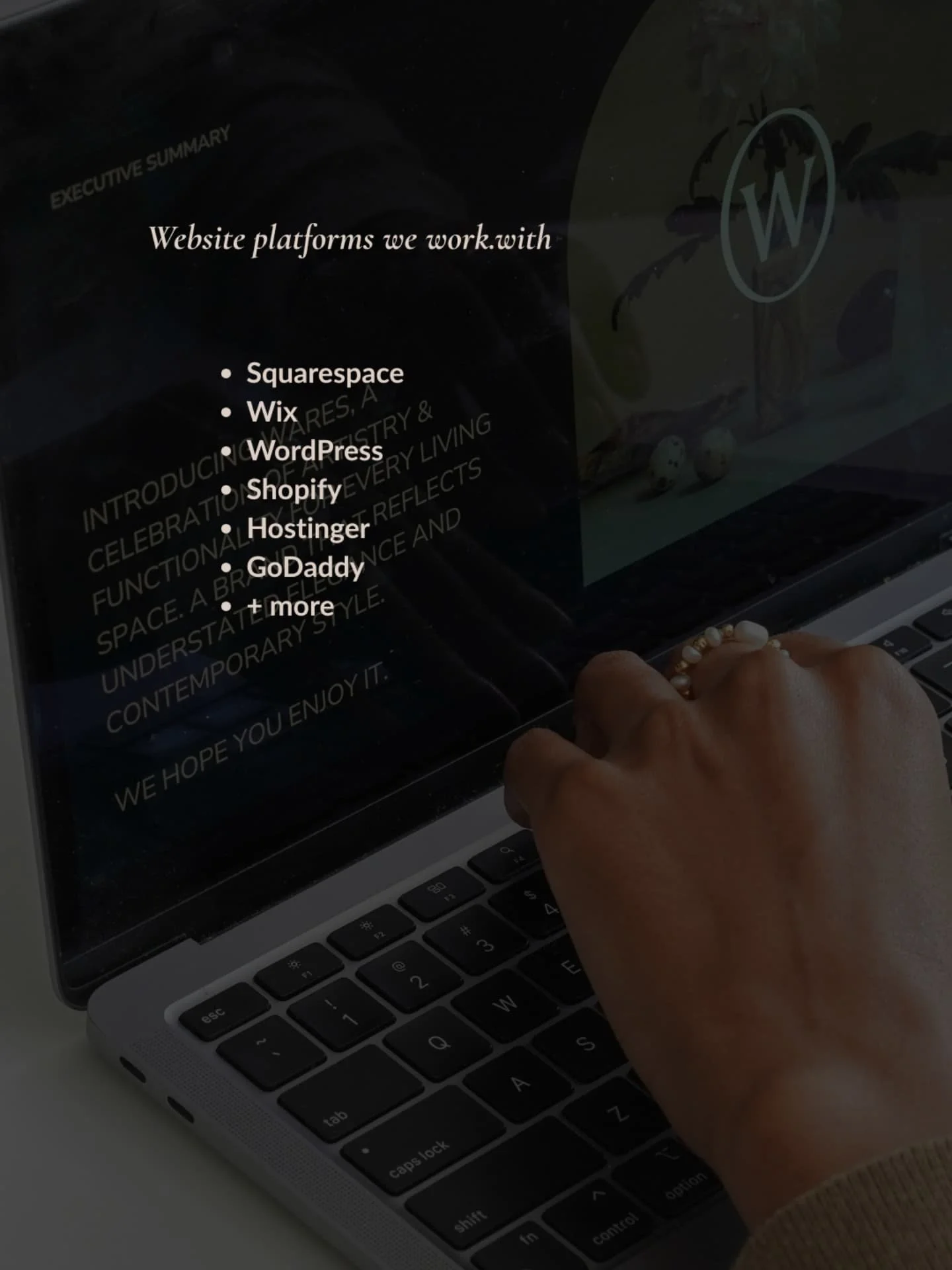 While we work with most website platforms, we are a Gold member of Squarespace's partner programme. This affords our clients exclusive discounts for hosting fees and more. 

We create premium, luxury websites that stand your brand or business out amo