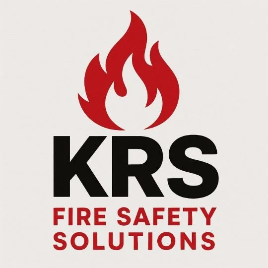 Logo for KRS Fire Safety Solutions with a red flame graphic and black and red text.