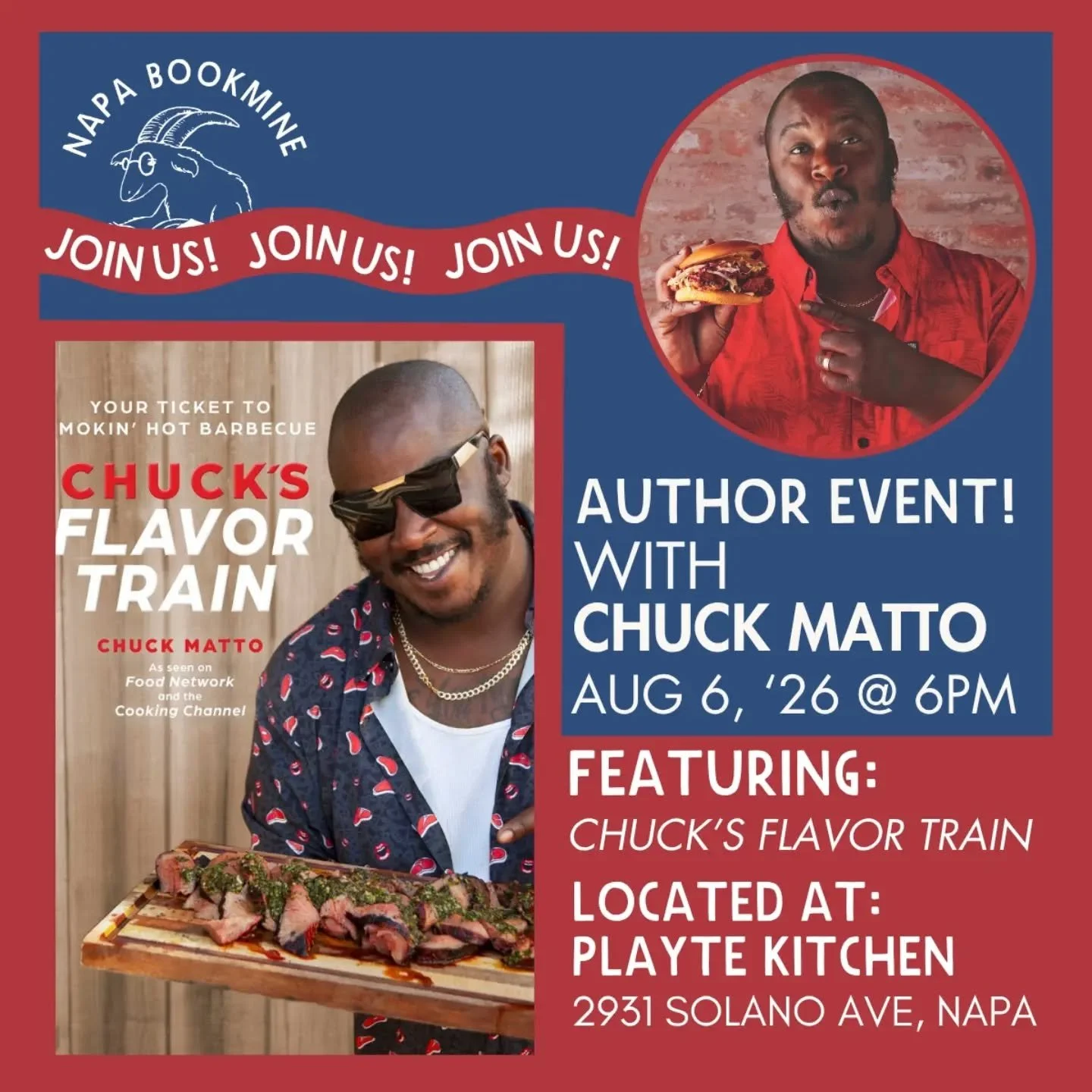 🗓️AUGUST 6TH AUTHOR EVENT
We're collaborating with @napabookmine to welcome @chucksflavortrain (interviewed by @heatstrokesbbq) for a night of bites and lit talk about Chuck's book, his connections to Napa, and what inspires his love of blending BBQ