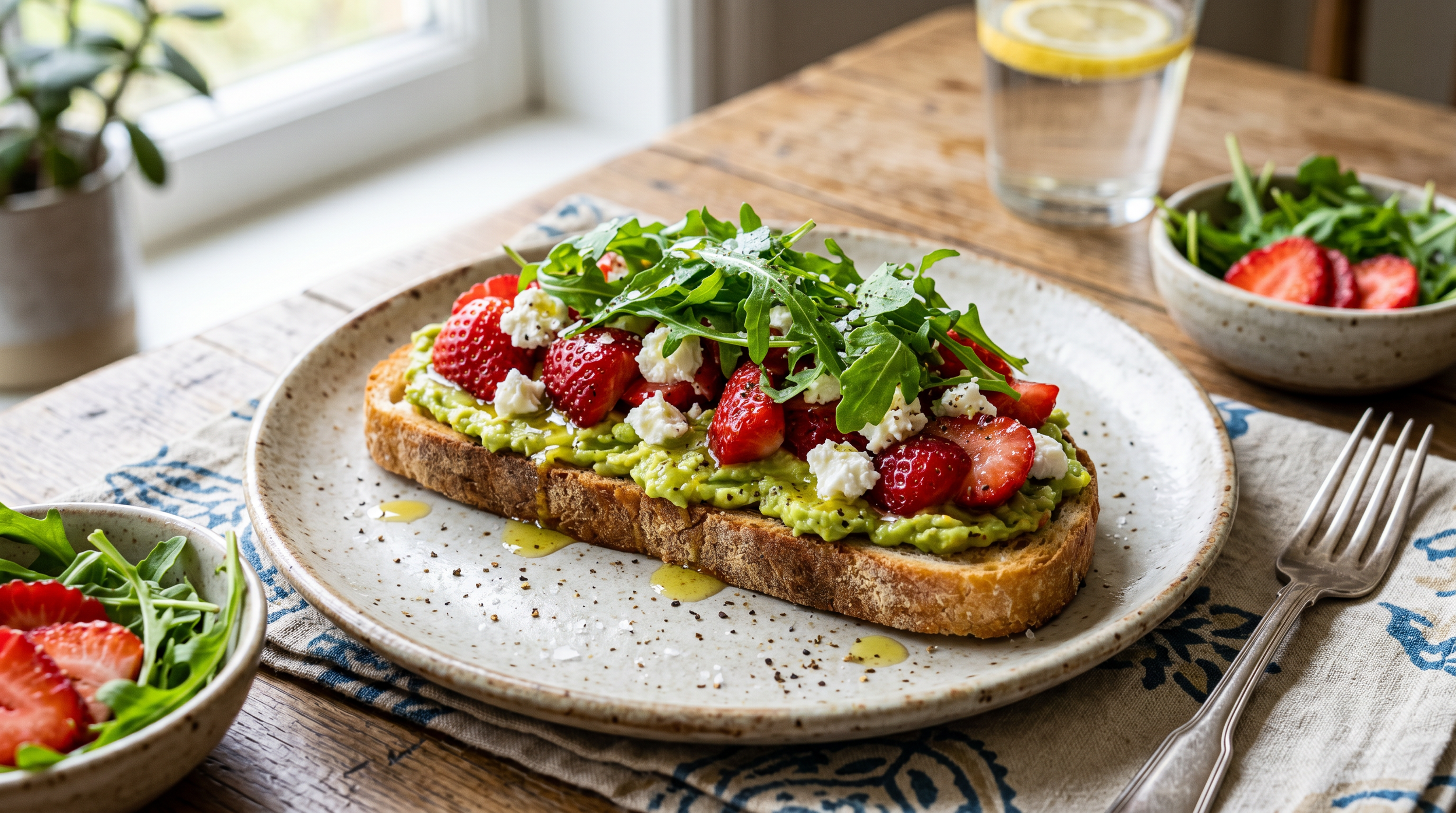 A slice of avocado toast topped with strawberries, arugula, feta cheese, and a drizzle of olive oil on a rustic plate, with bowls of strawberries and arugula salad nearby, set on a wooden table near a window.