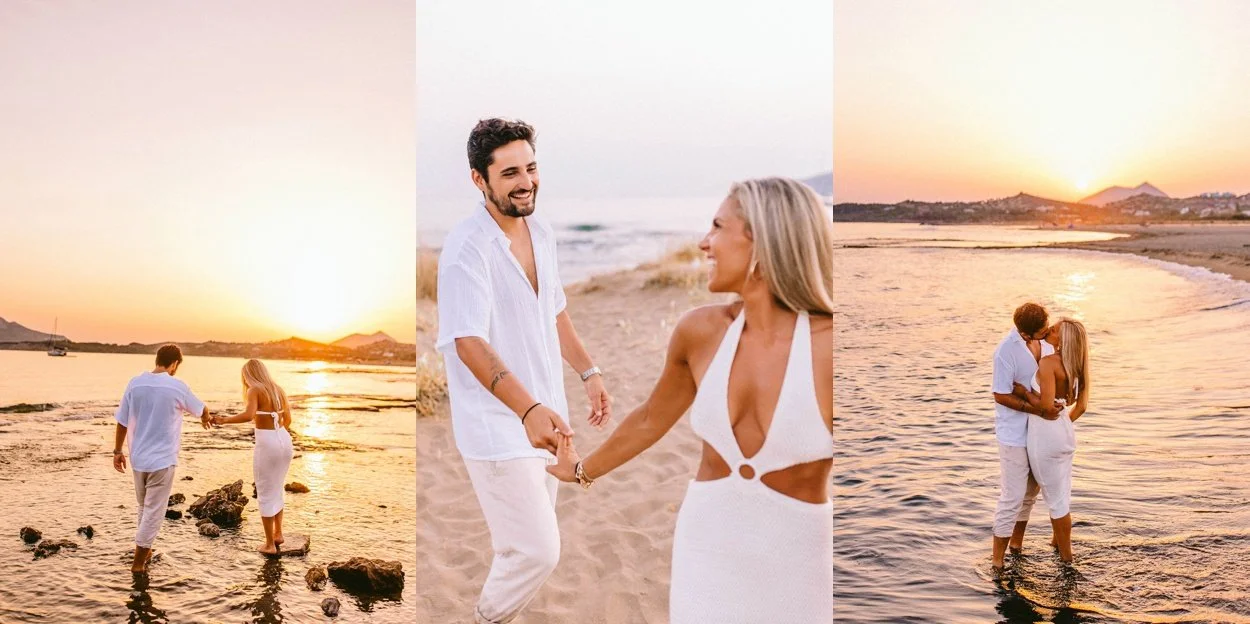 Epic sunset engagement photos at Cape Sounio featuring the Temple of Poseidon backdrop, photographed by George Pahountis.