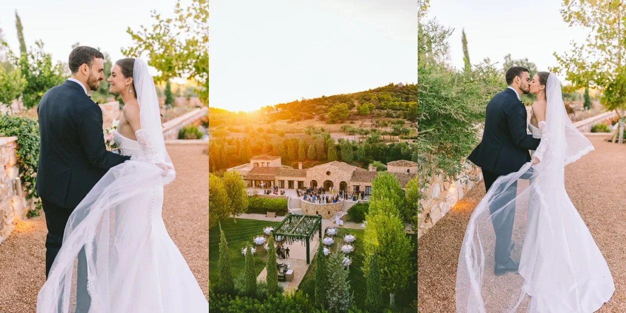 Triptych of a wedding at Pyrgos Petreza featuring a bride and groom during golden hour portraits and an aerial drone view of the historic estate in Spata, Athens.
