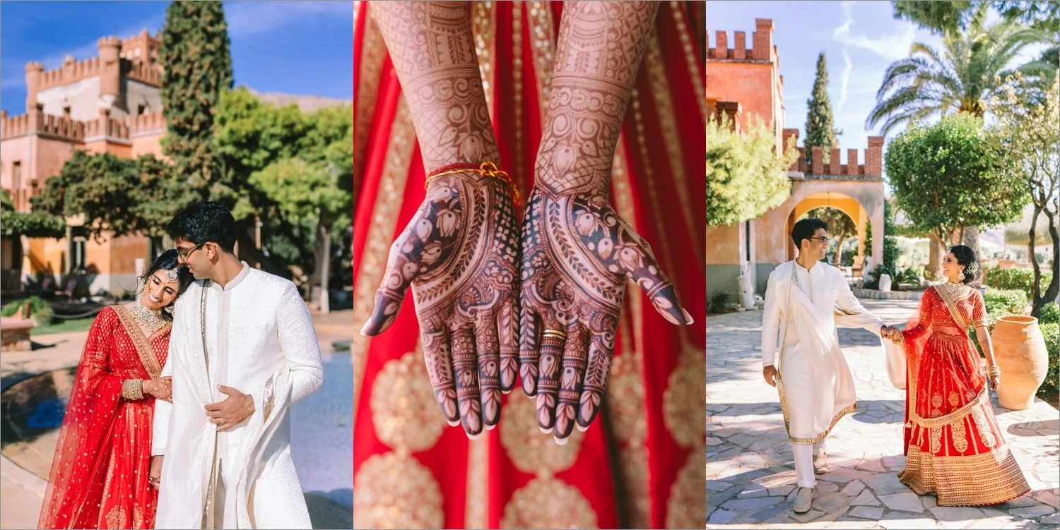 A collage of Indian wedding portraits featuring the couple in traditional red and gold attire at Pyrgos Melissourgou , Greece.