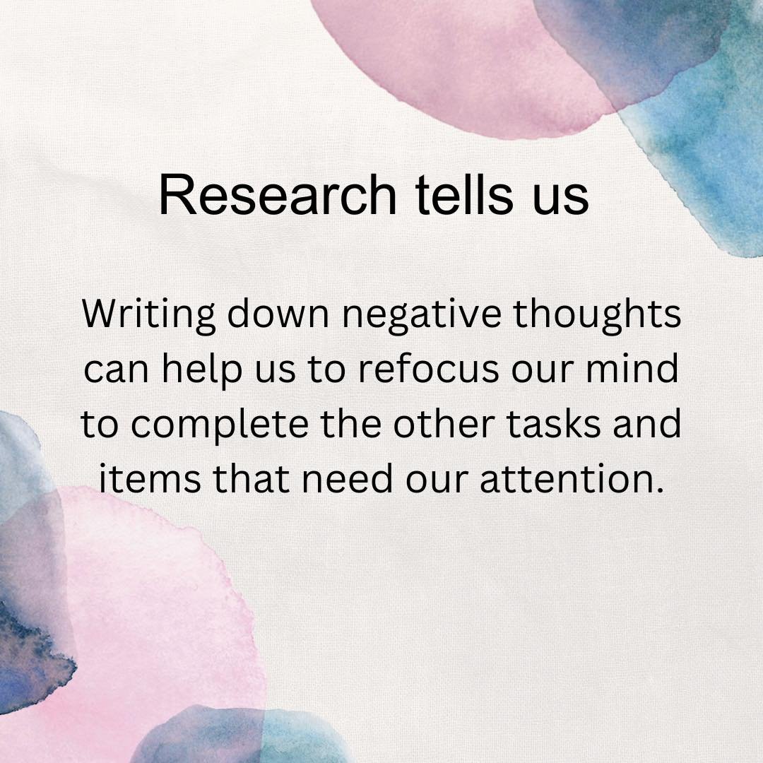 Unhelpful negative thoughts can cause us lots of stress. A useful thing to try can be writing down some of those negative thoughts, particularly before we need to complete a task or perform. #therapy #therapist #mental #mentalhealth #mindfulness #min