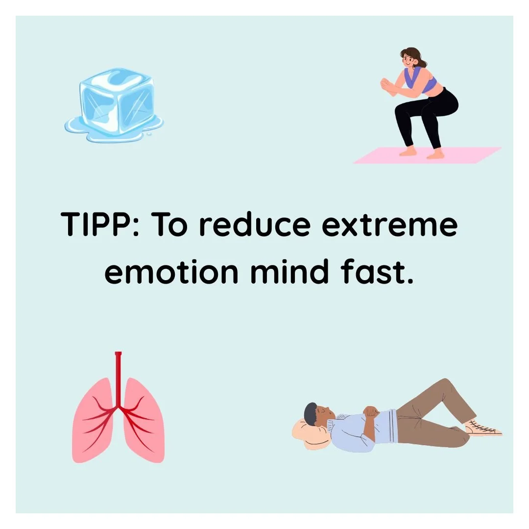 TIPP is a DBT distress tolerance skill designed to help calm extreme emotion mind fast.

When emotions feel overwhelming, logical thinking often goes offline. TIPP works by changing what&rsquo;s happening in the body, which can quickly bring the nerv