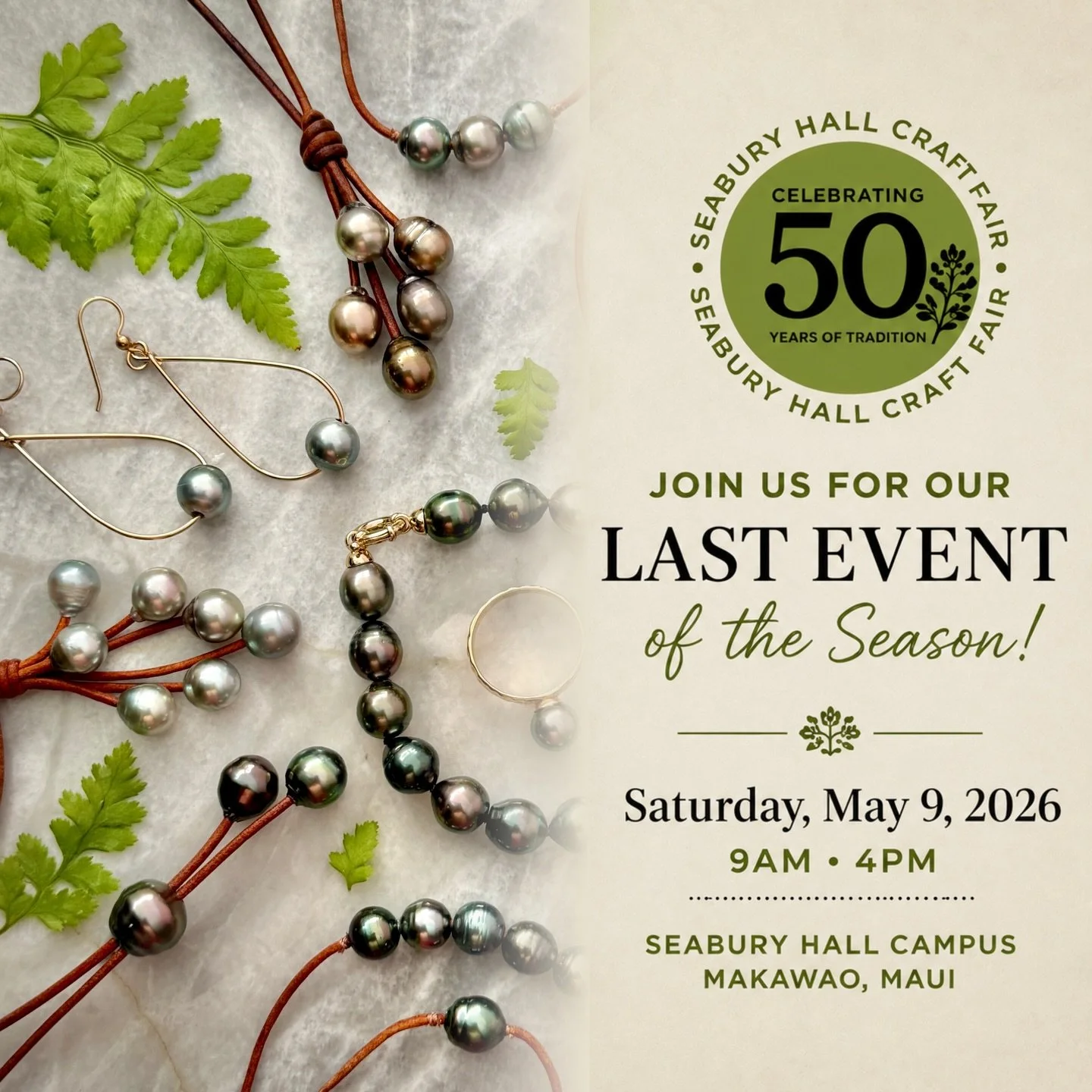 Join us at the Seabury Hall Craft Fair this weekend ✨ Our last in-person event before Mother&rsquo;s Day!

We&rsquo;ll be bringing our newest Tahitian pearl designs, including fresh leather necklaces and vibrant multicolor pearl pieces &mdash; all ha