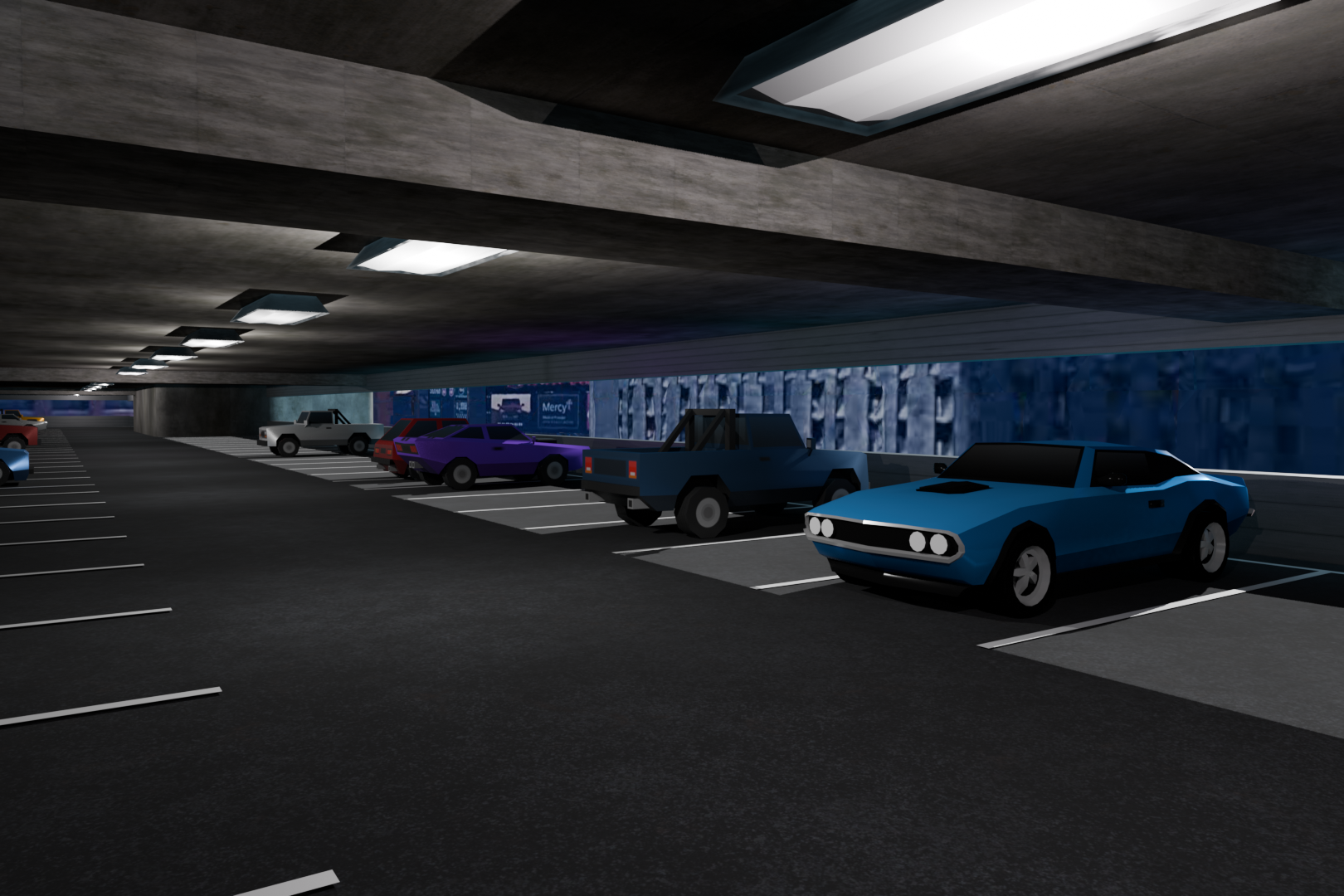 A computer-generated image of a parking garage with several parked cars, under a concrete ceiling with lights, and a stone wall with advertisements in the background.